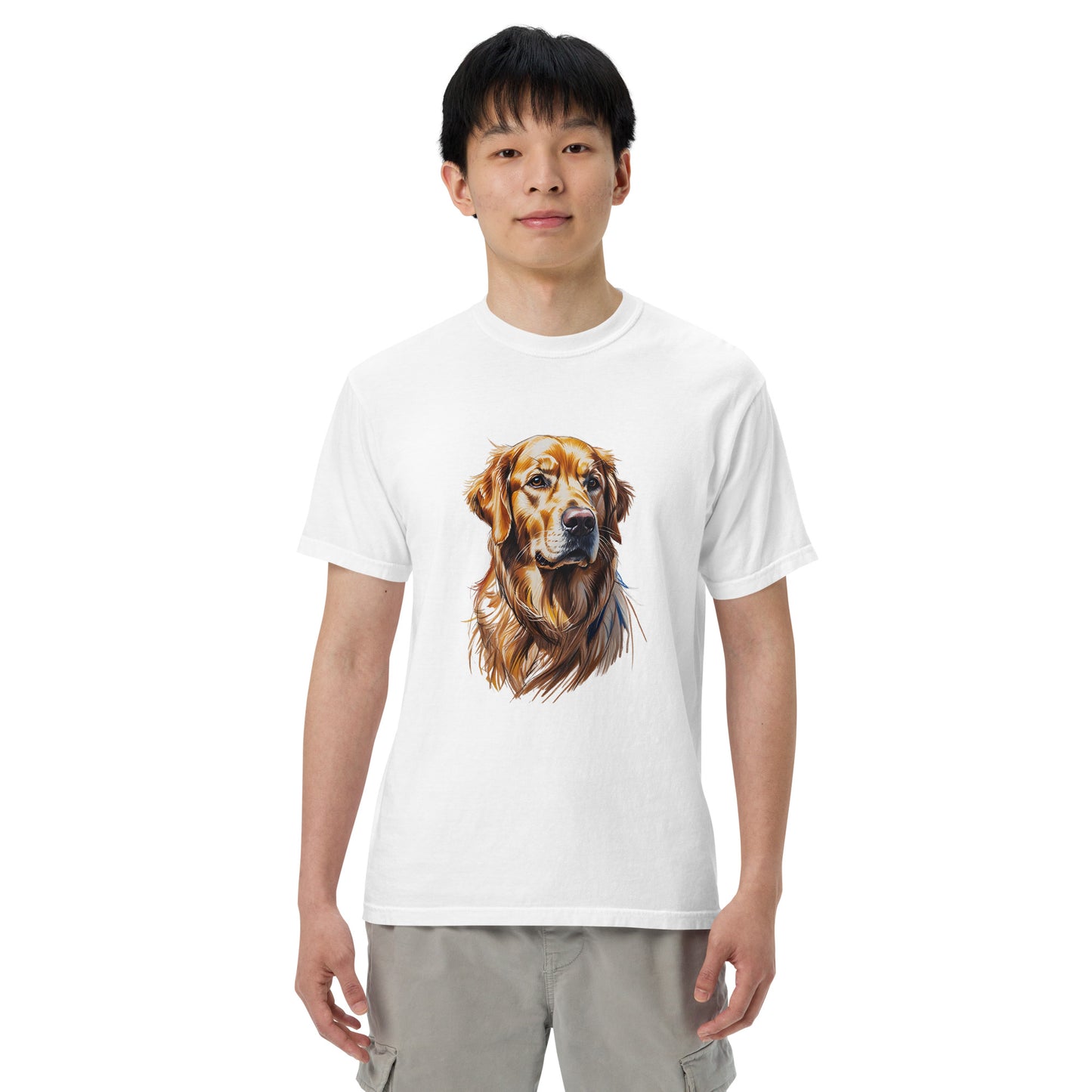 White golden retriever t-shirt with realistic dog portrait worn by male model