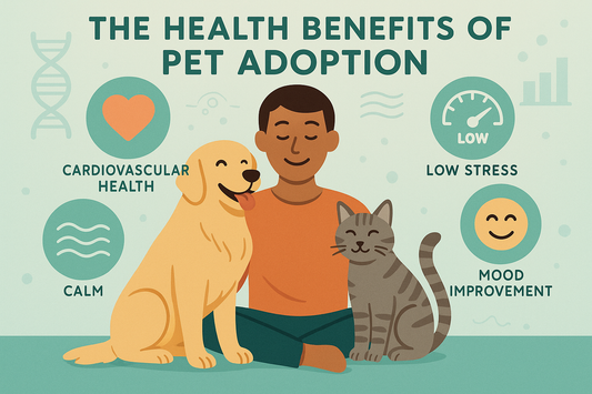 Illustration showing the health benefits of pet adoption with a happy person, dog, and cat promoting low stress and mood improvement