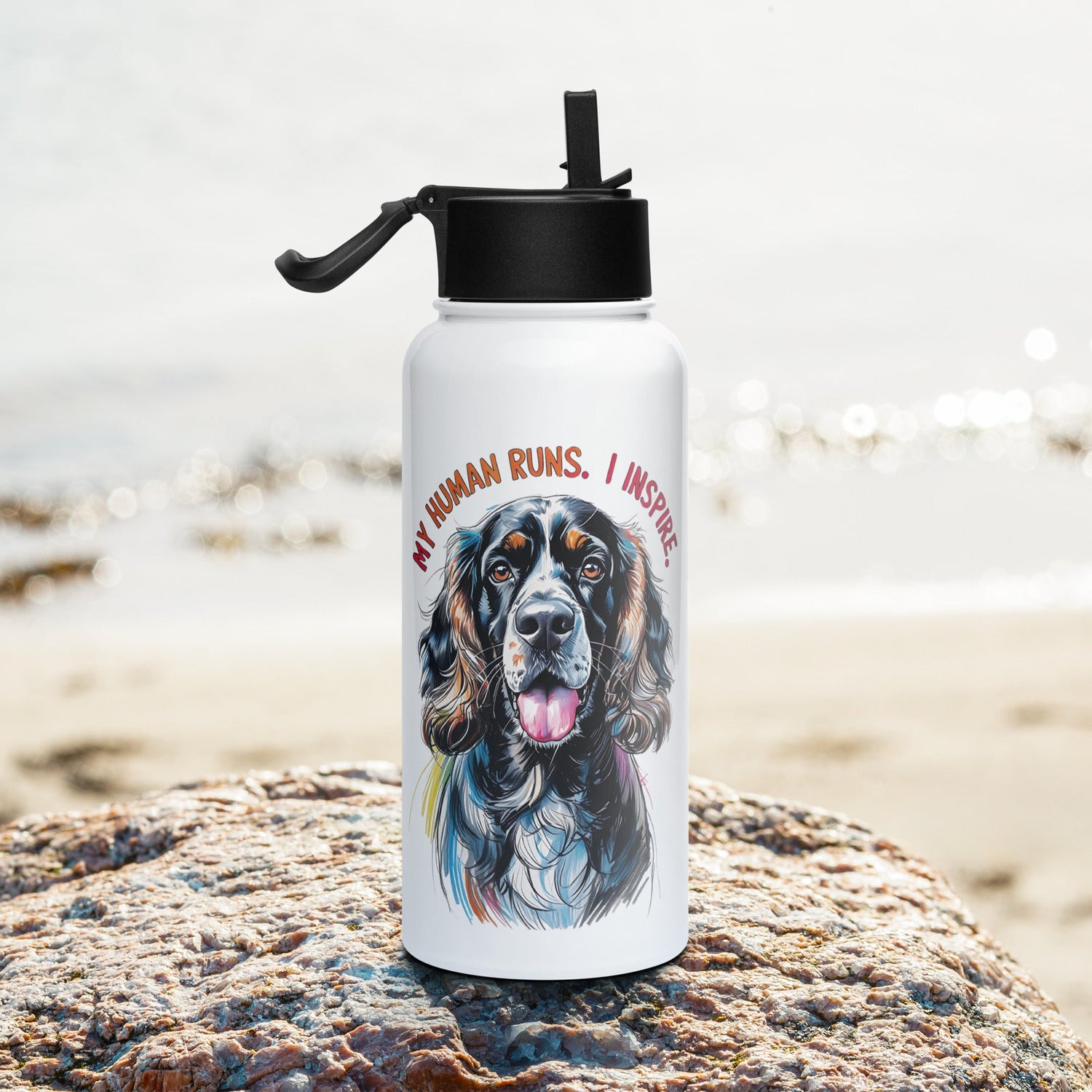 White water bottle with colorful dog illustration and text My Human Runs I Inspire pet lover drinkware
