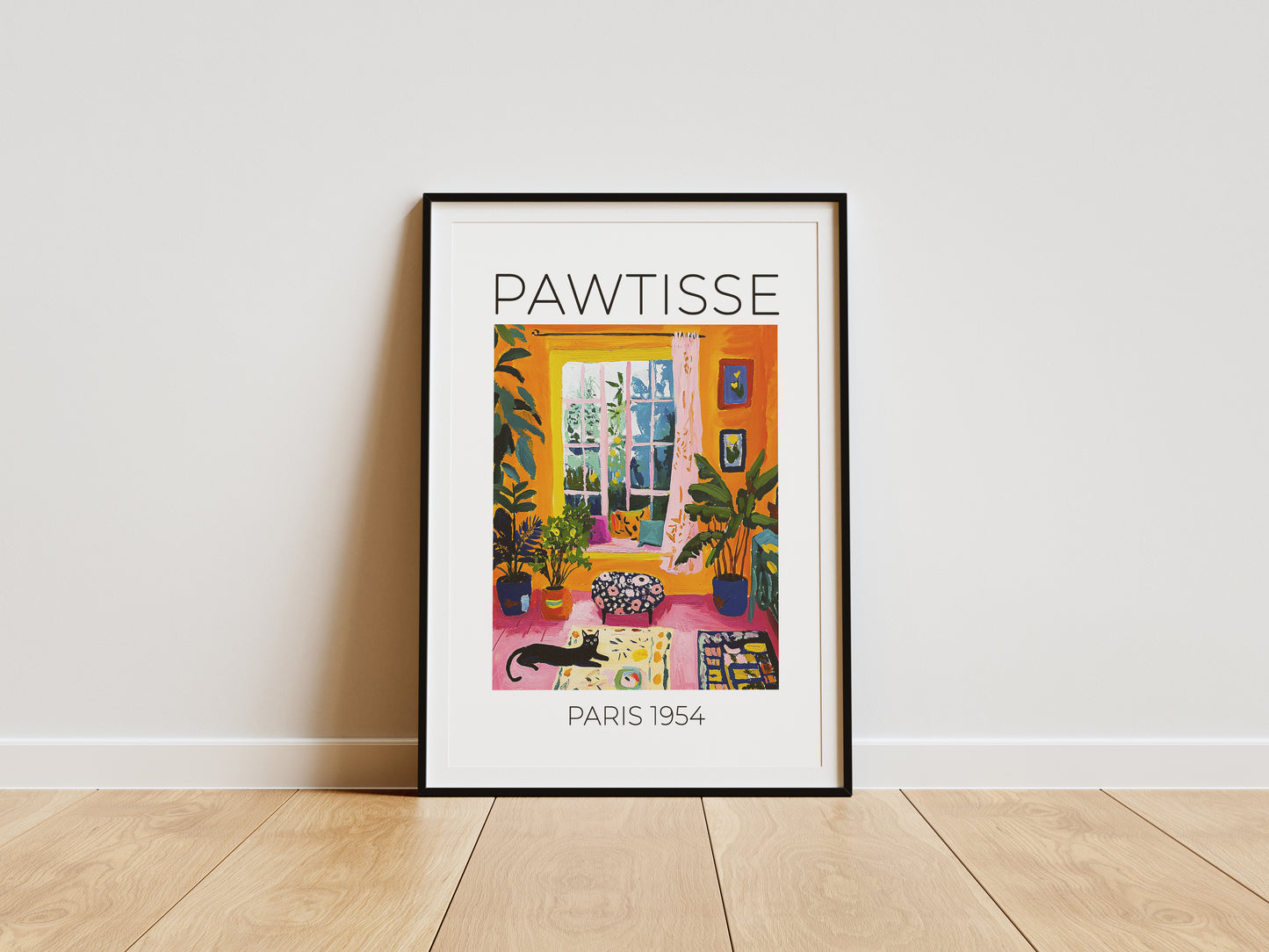 Colorful Cozy Home Art Print – Vibrant Cat Wall Art, Boho Interior Decor, Matisse-Inspired Aesthetic, Bright Room Poster