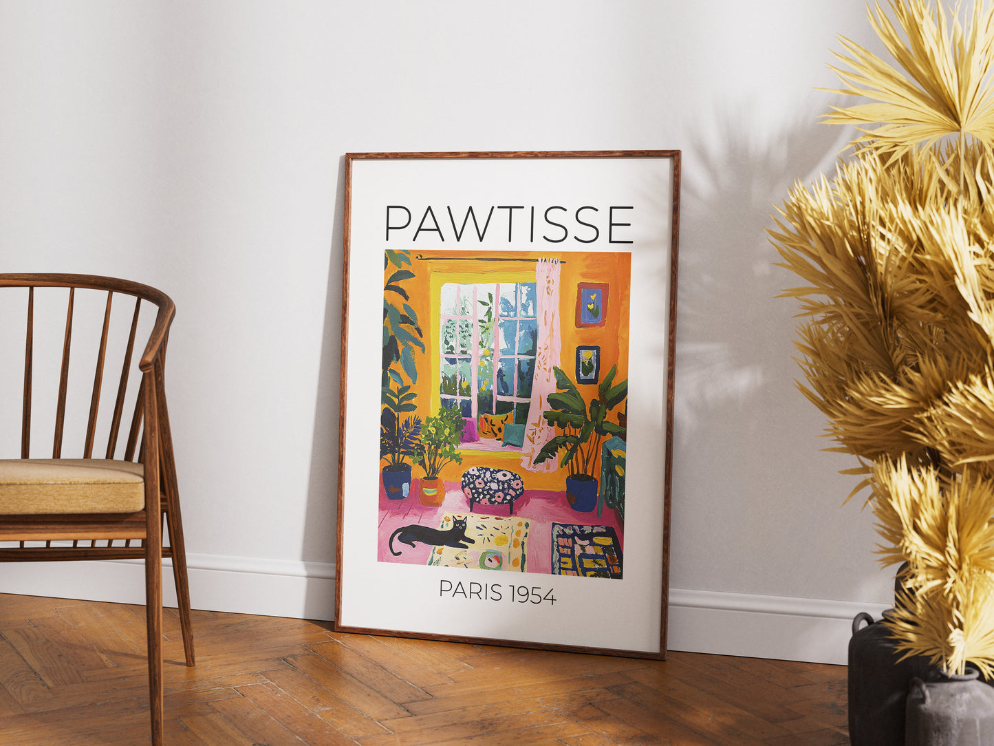 Colorful Cozy Home Art Print – Vibrant Cat Wall Art, Boho Interior Decor, Matisse-Inspired Aesthetic, Bright Room Poster