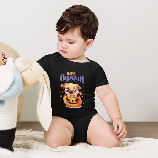 Cute Baby Halloween Bodysuit Animal Design featuring a puppy in a pumpkin for festive celebrations