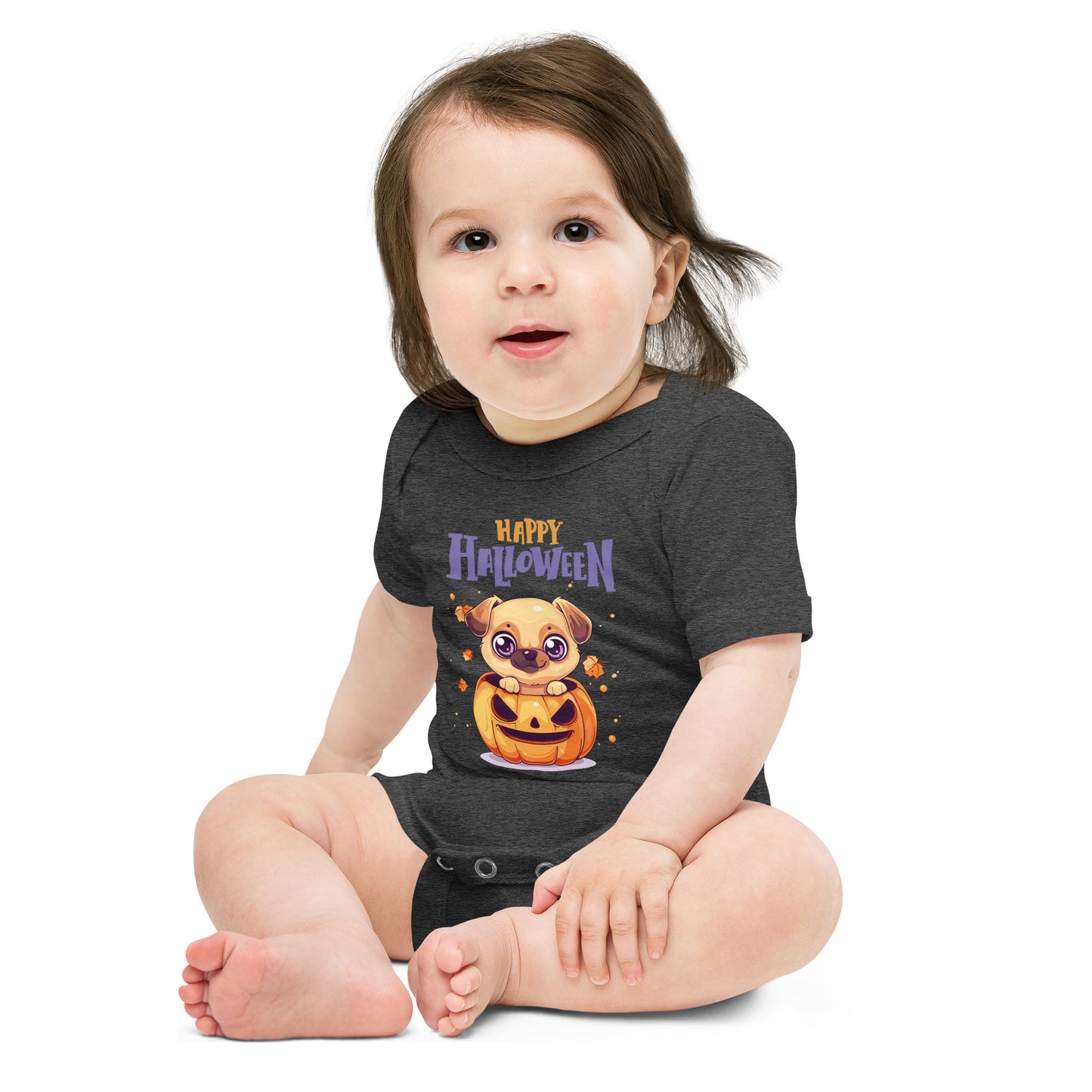 Baby Halloween Bodysuit Animal Design featuring a cute pug with a pumpkin print