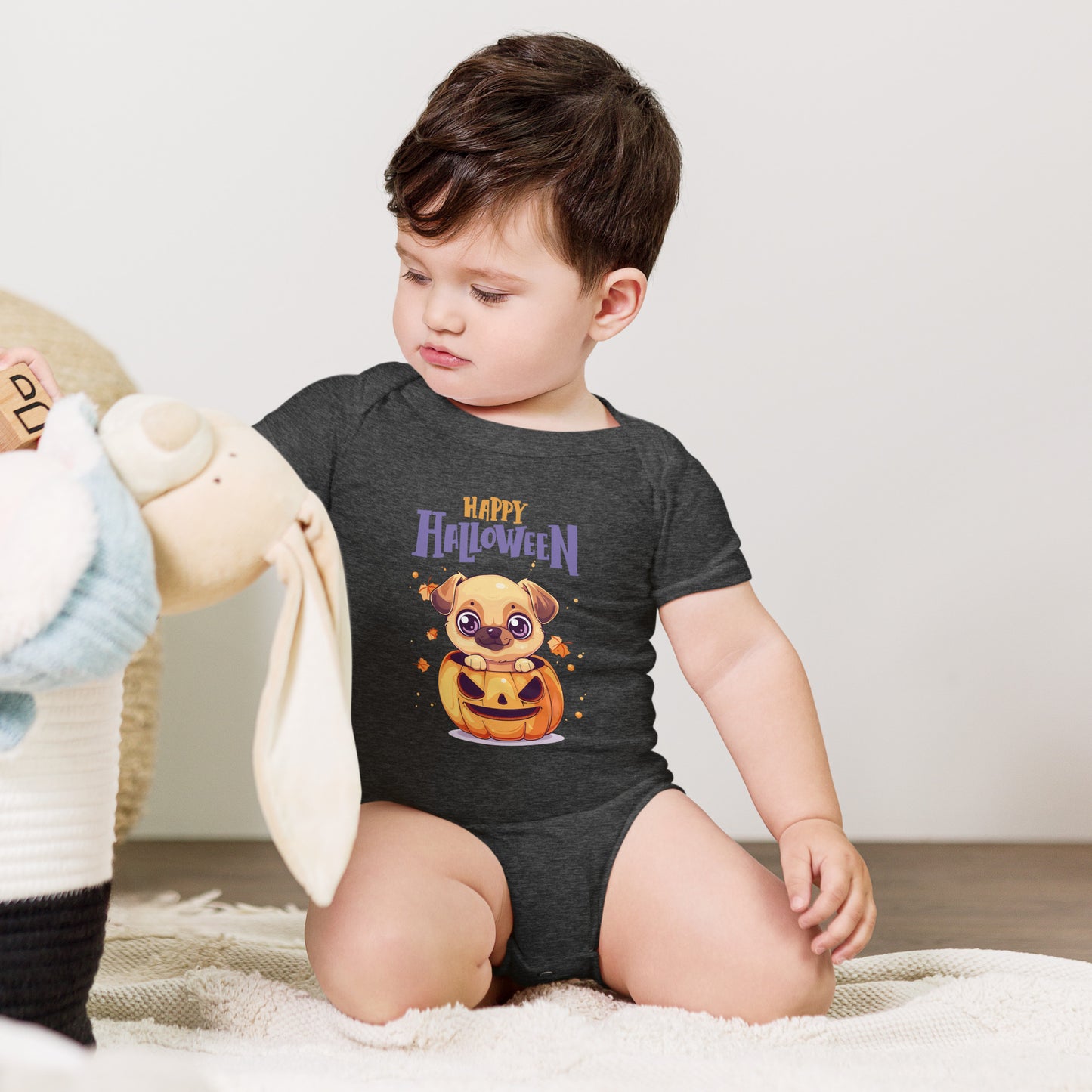 Cute Baby Halloween Bodysuit Animal Design featuring a puppy with a pumpkin for festive celebrations