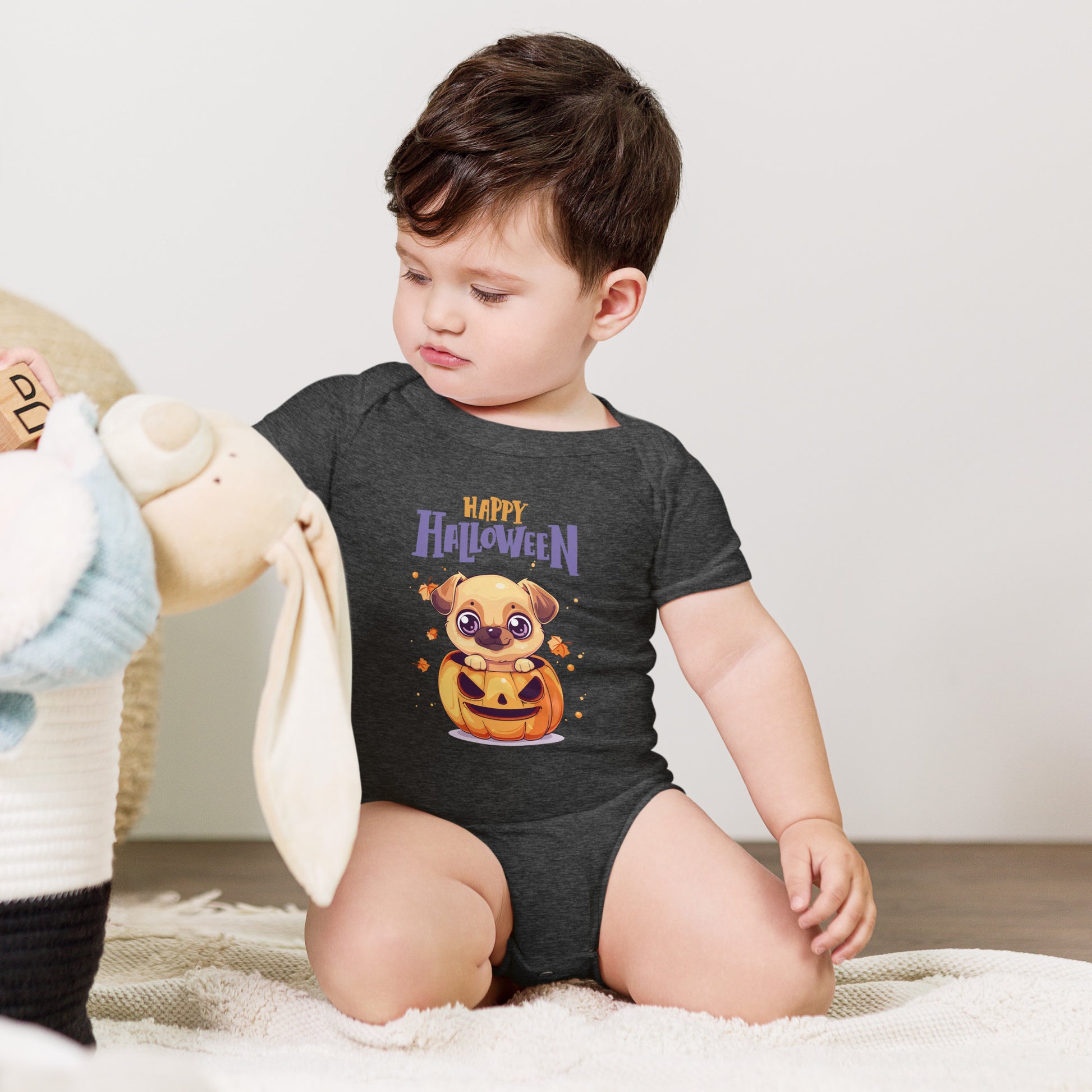 Cute Baby Halloween Bodysuit Animal Design featuring a puppy with a pumpkin for festive celebrations