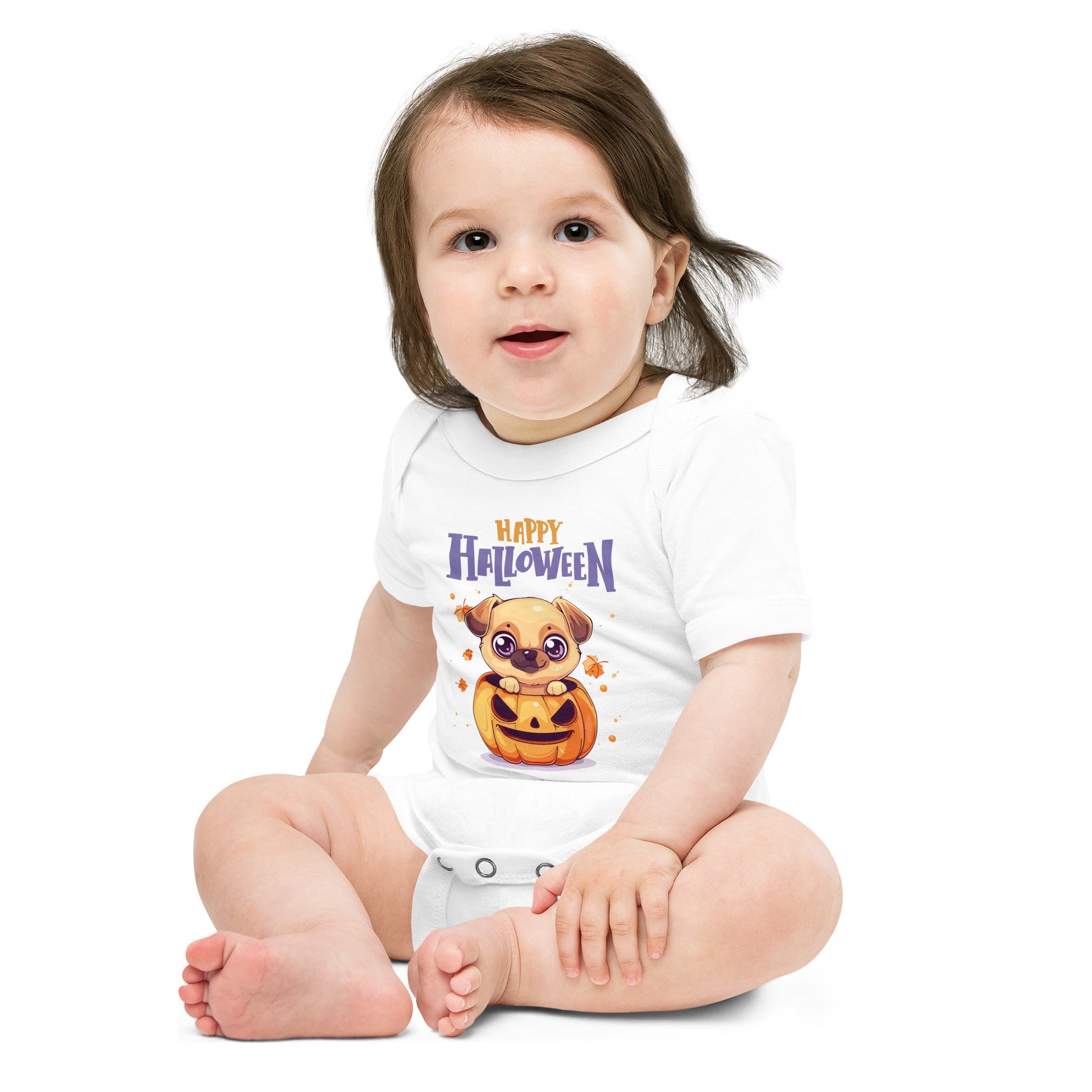 Cute baby wearing a Baby Halloween Bodysuit Animal Design with a cheerful pumpkin graphic