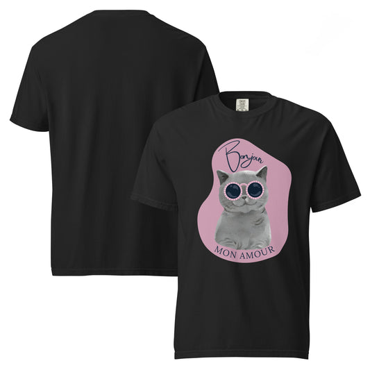 Pet Treasures Studio black T-shirt with cute cat print apparel featuring a cat wearing sunglasses and Bonjour text