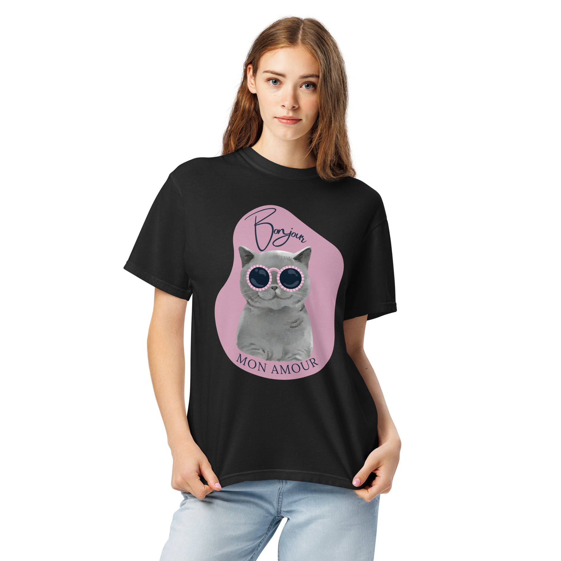 Black Pet Treasures Studio T-shirt with cute cat print apparel featuring cat wearing sunglasses and Bonjour design