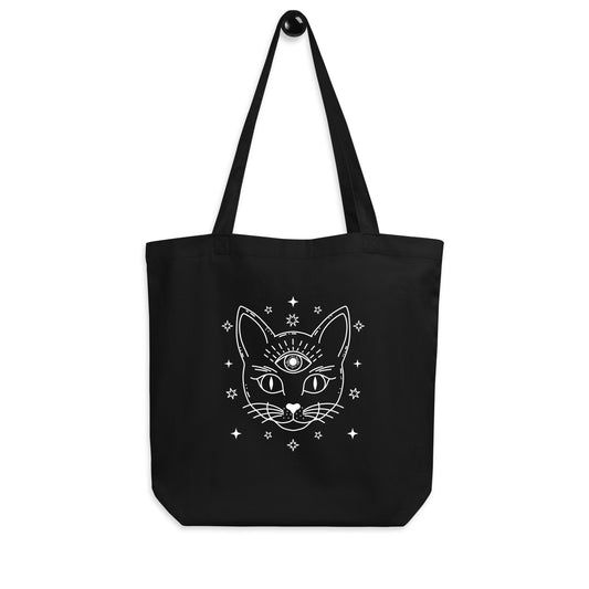 Black reusable tote bag with mystical third-eye cat design eco-friendly cat shopper bag