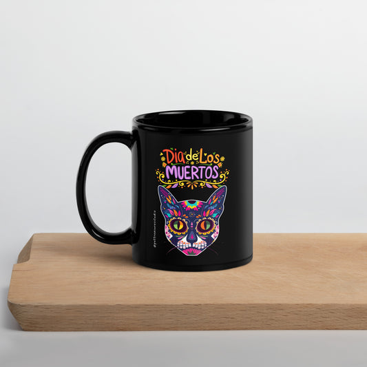Día de los Muertos Cat Design - Black Glossy Halloween Mug | Pet Treasures Studio