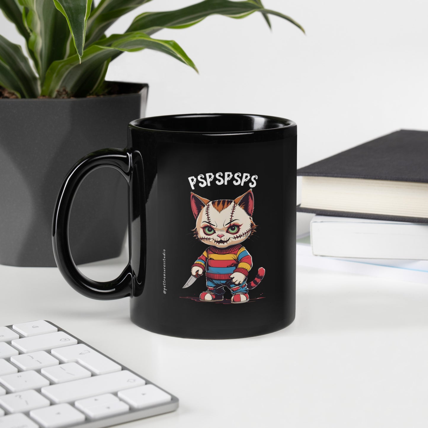 Chucky Cat Black Glossy Halloween Mug | Pet Treasures Studio