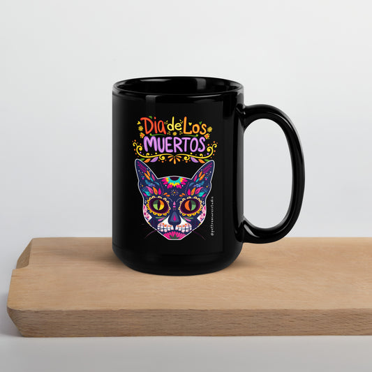 Día de los Muertos Cat Design - Black Glossy Halloween Mug | Pet Treasures Studio