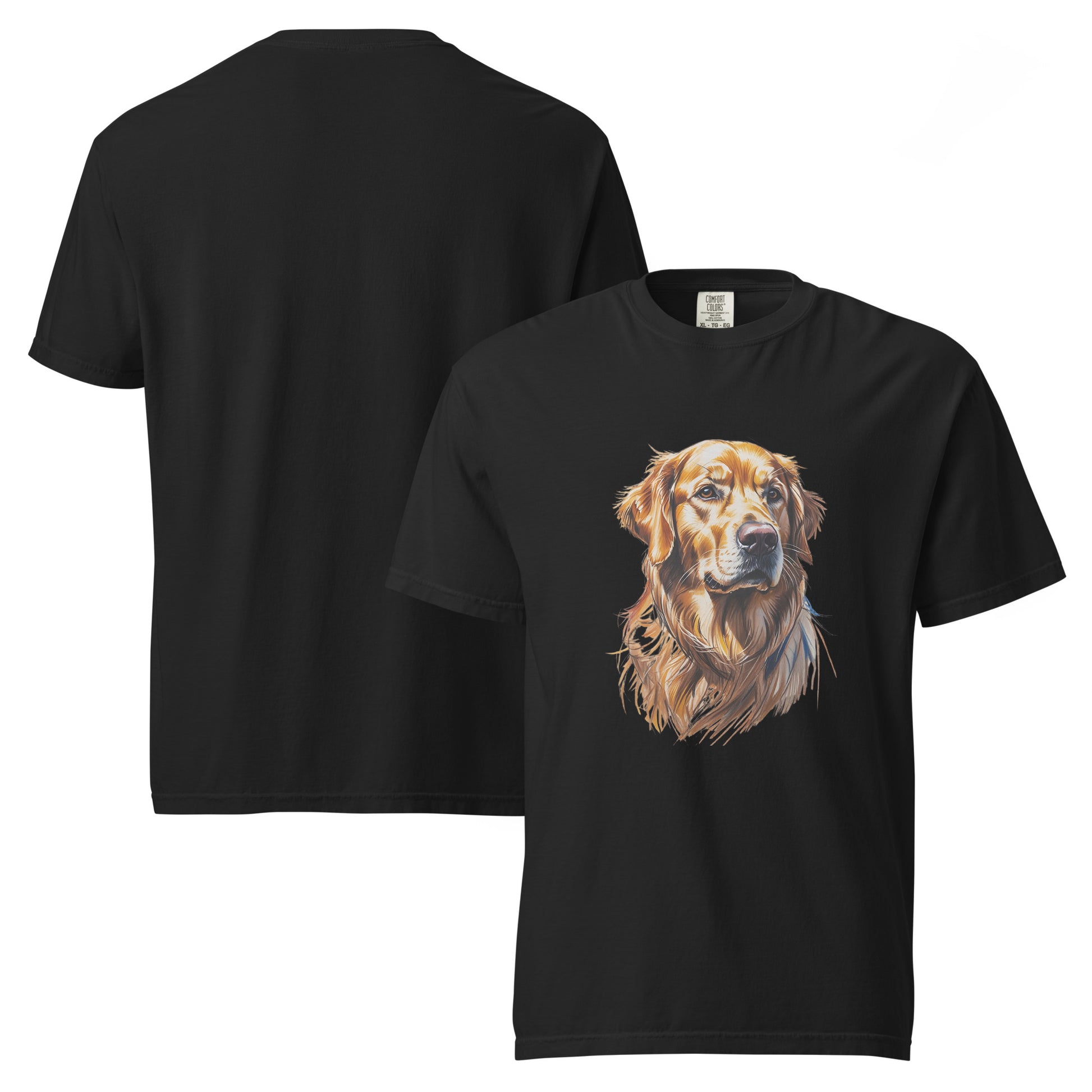 Black T-shirt featuring a detailed golden retriever dog illustration by Pet Treasures Studio golden retriever t-shirt