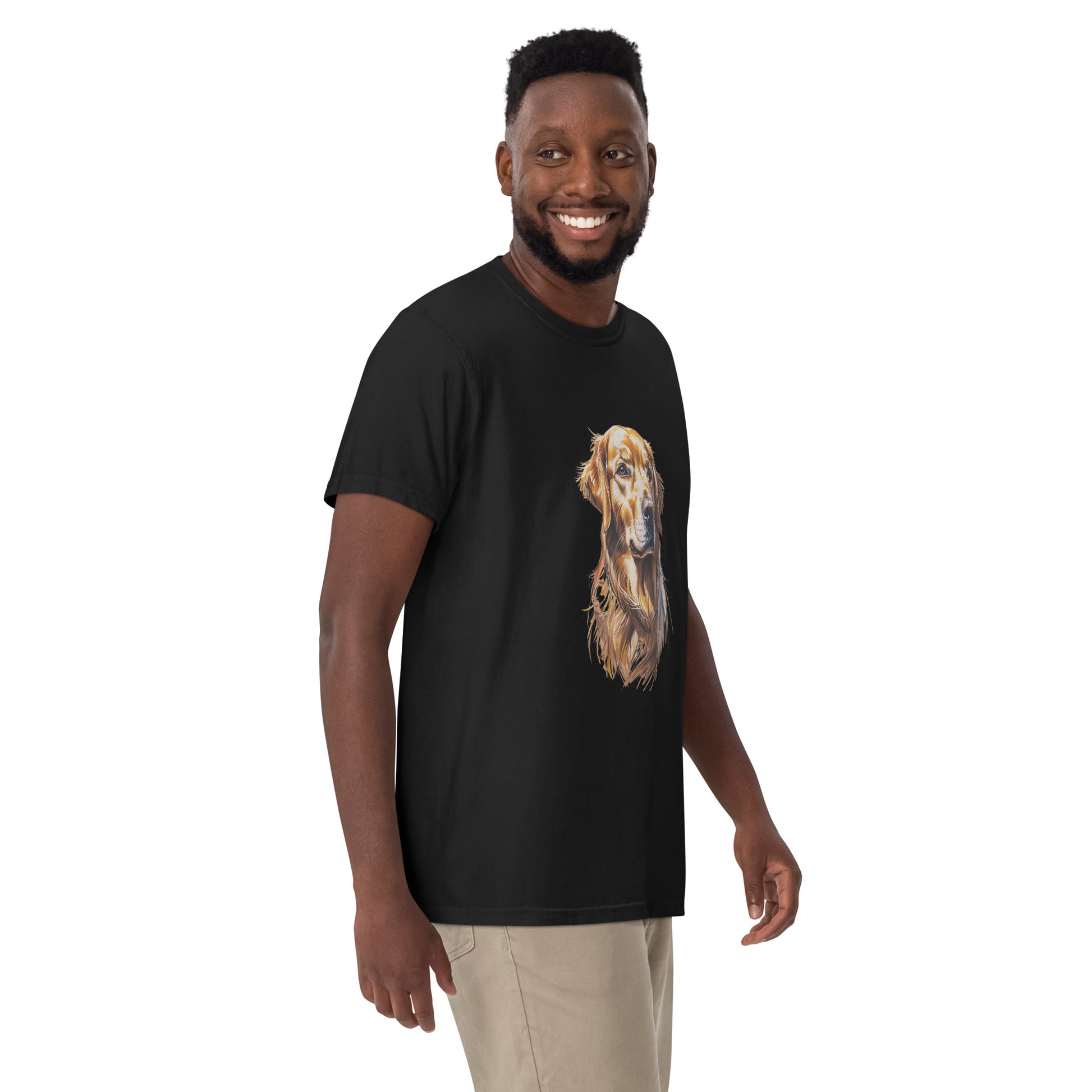 Black golden retriever t-shirt by Pet Treasures Studio worn by smiling man in beige pants