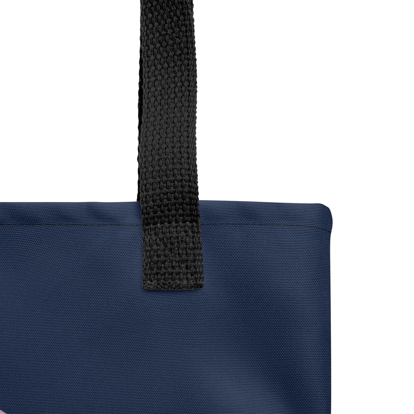 Close-up of navy blue reusable tote bag with black handle from Pet Treasures Studio Bonjour Mon Amour cat bag