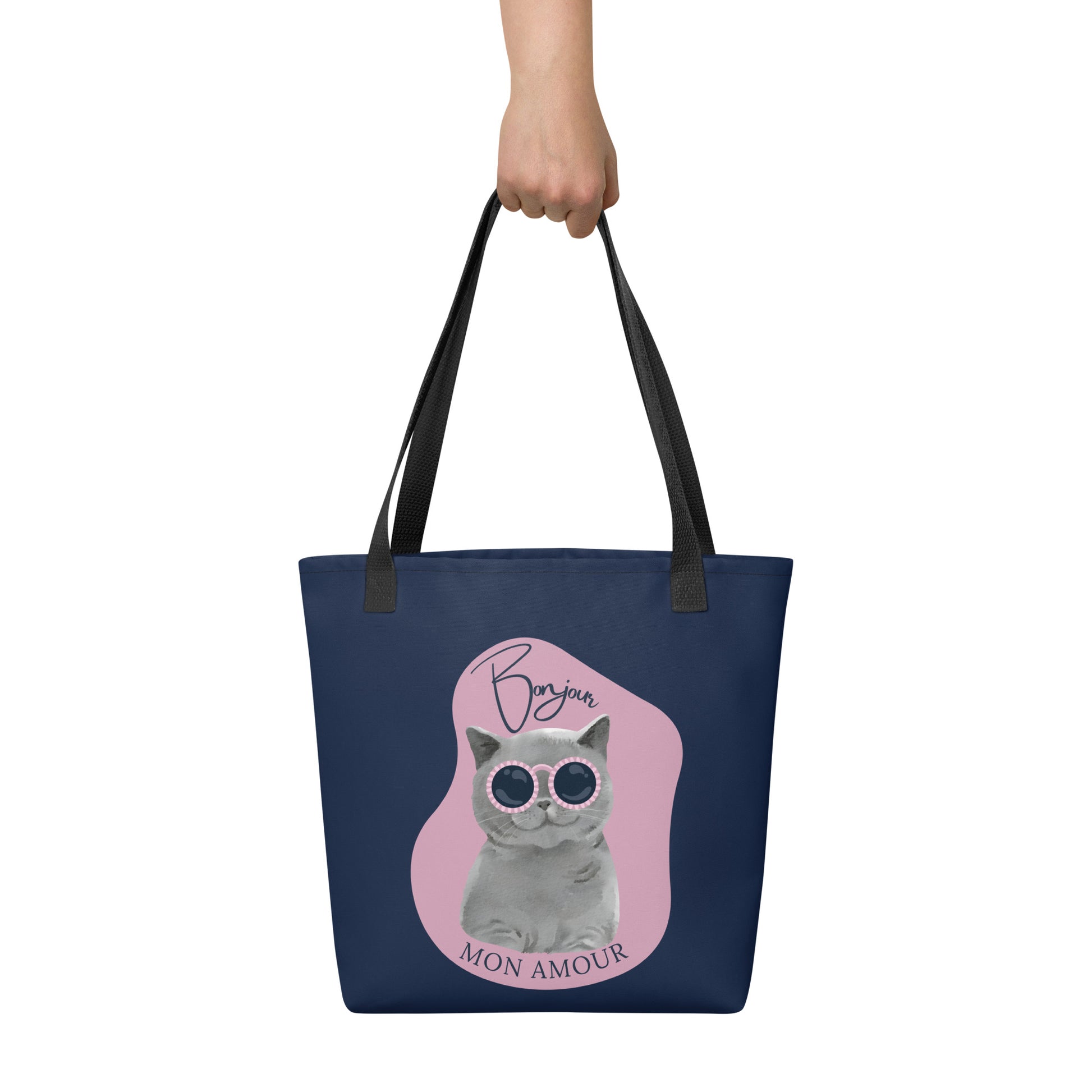 Pet Treasures Studio reusable saco with Bonjour Mon Amour cat bag design featuring a cat with sunglasses