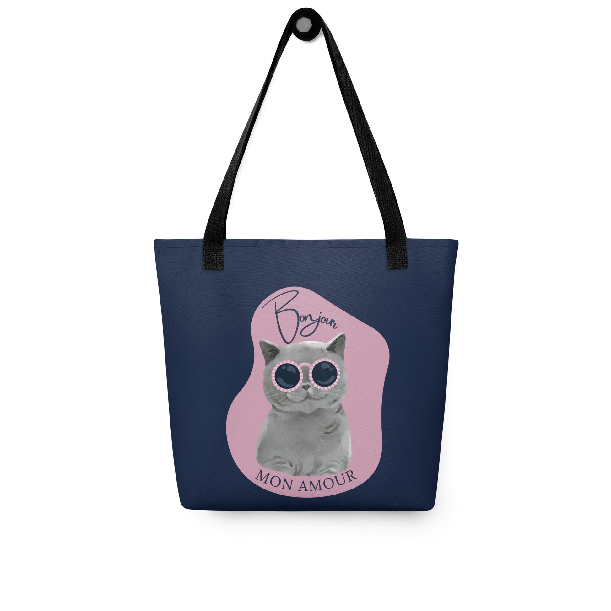 Bonjour Mon Amour cat bag reusable tote with cat wearing sunglasses design by Pet Treasures Studio