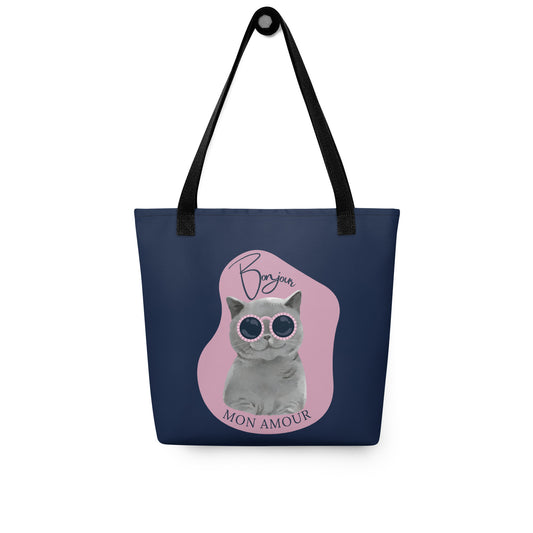 Bonjour Mon Amour cat bag reusable tote with cat wearing sunglasses design by Pet Treasures Studio