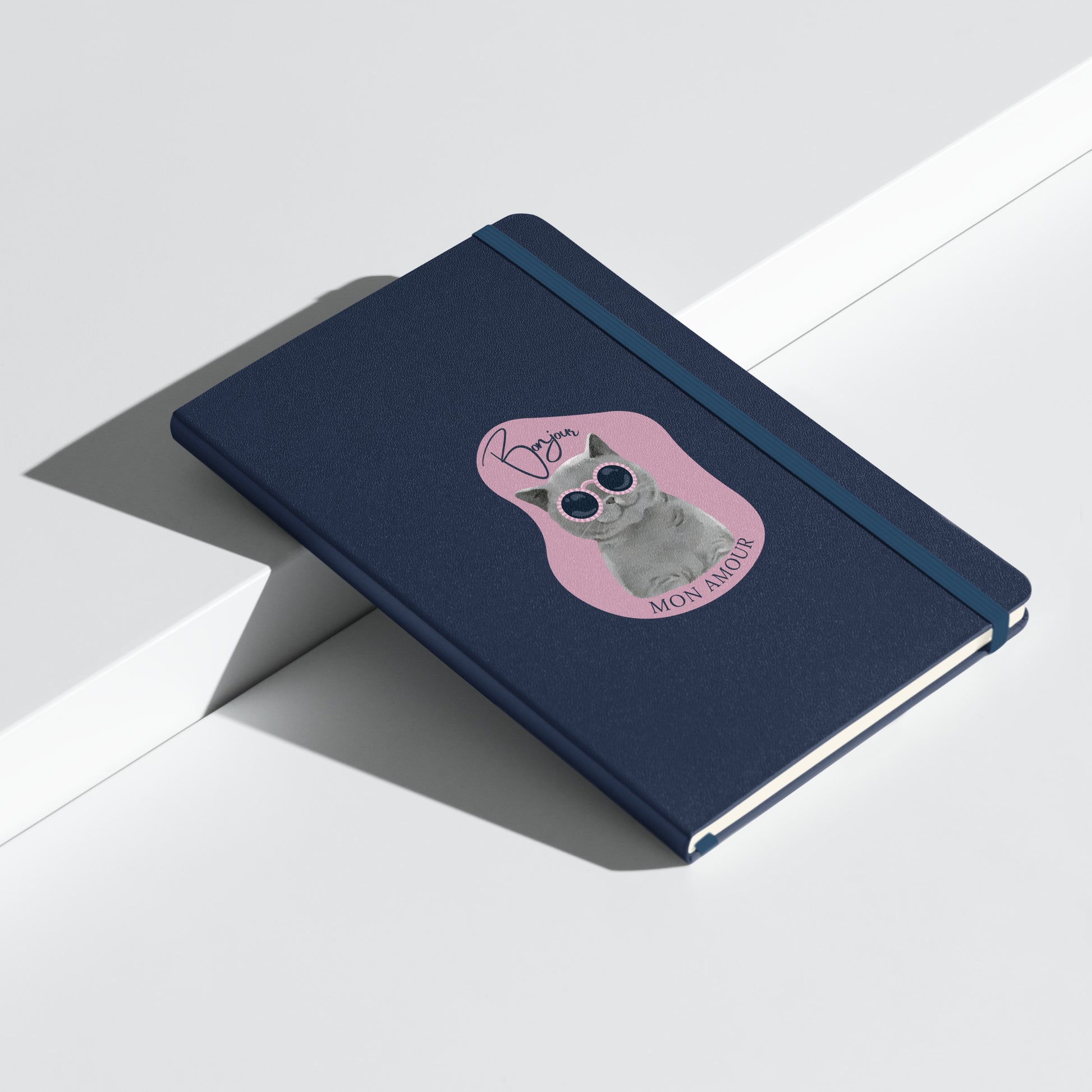 Bonjour Mon Amour journal navy blue hardcover notebook with cat wearing sunglasses design