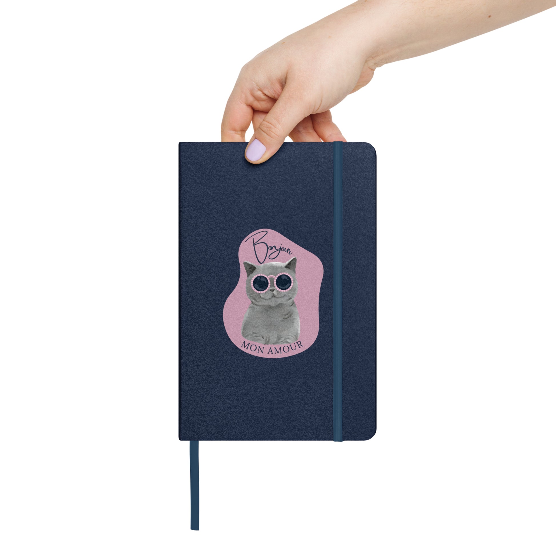 Pet Treasures Studio navy notebook with cat design and elastic band titled Bonjour Mon Amour journal