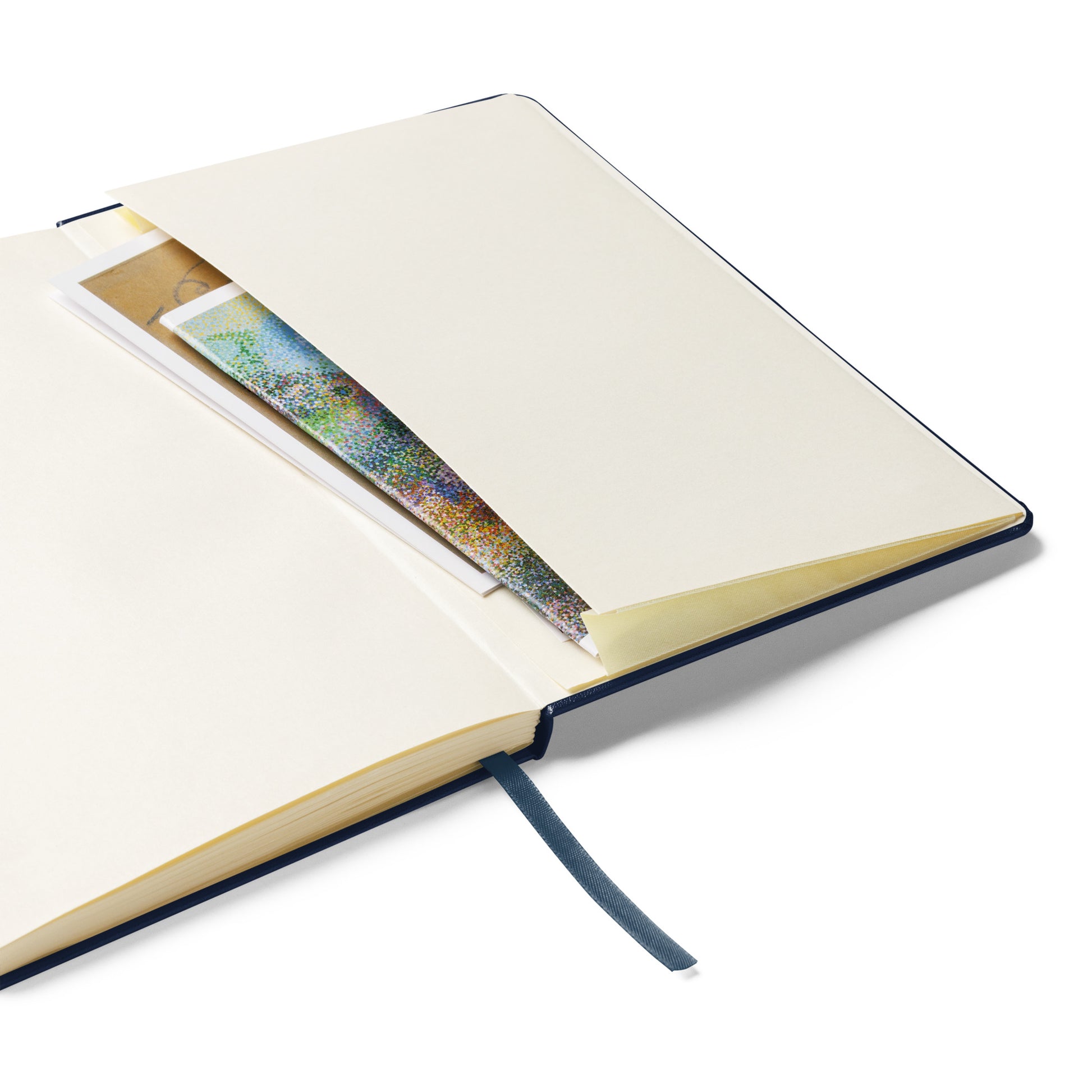Open Pet Treasures Studio Bonjour Mon Amour journal showing blank pages and an inner pocket with inserts