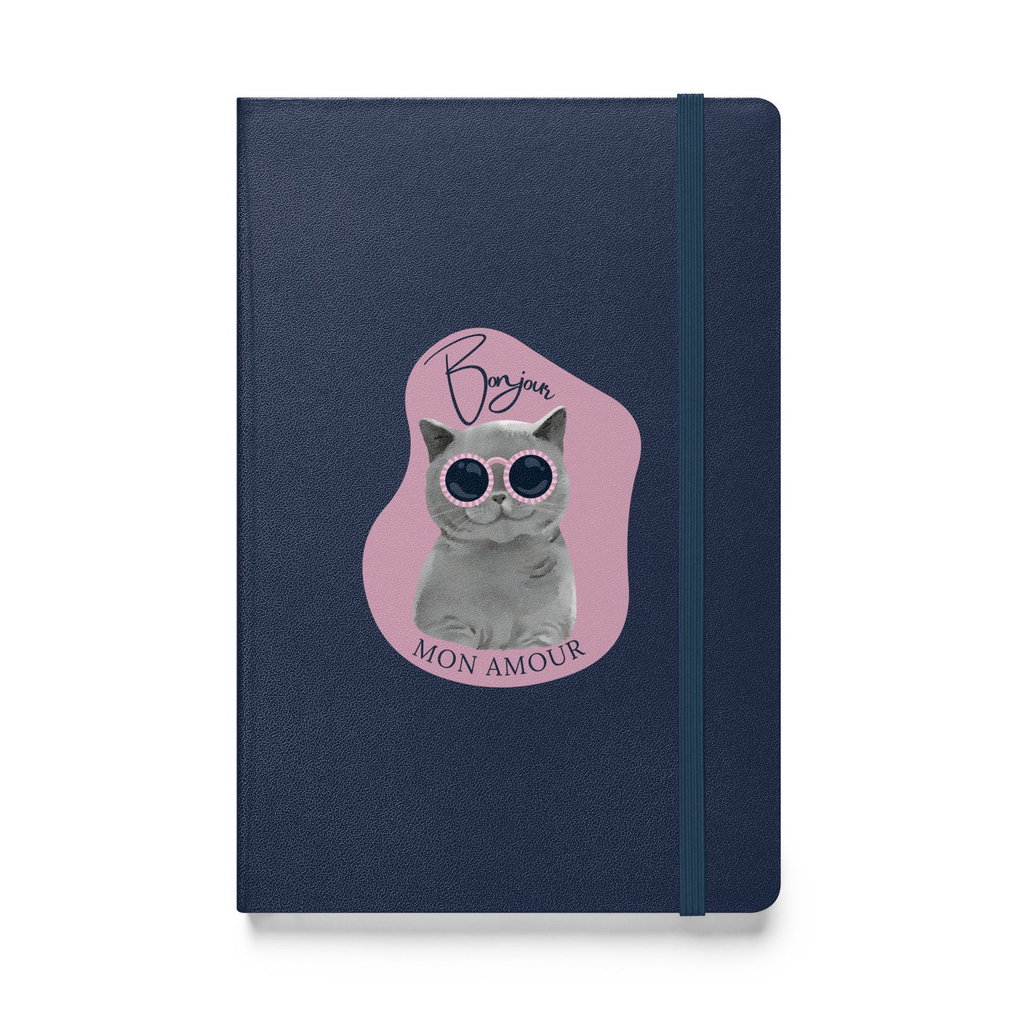 Bonjour Mon Amour journal by Pet Treasures Studio with navy cover and cat wearing sunglasses design