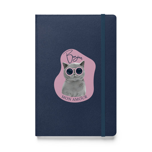 Bonjour Mon Amour journal by Pet Treasures Studio with navy cover and cat wearing sunglasses design