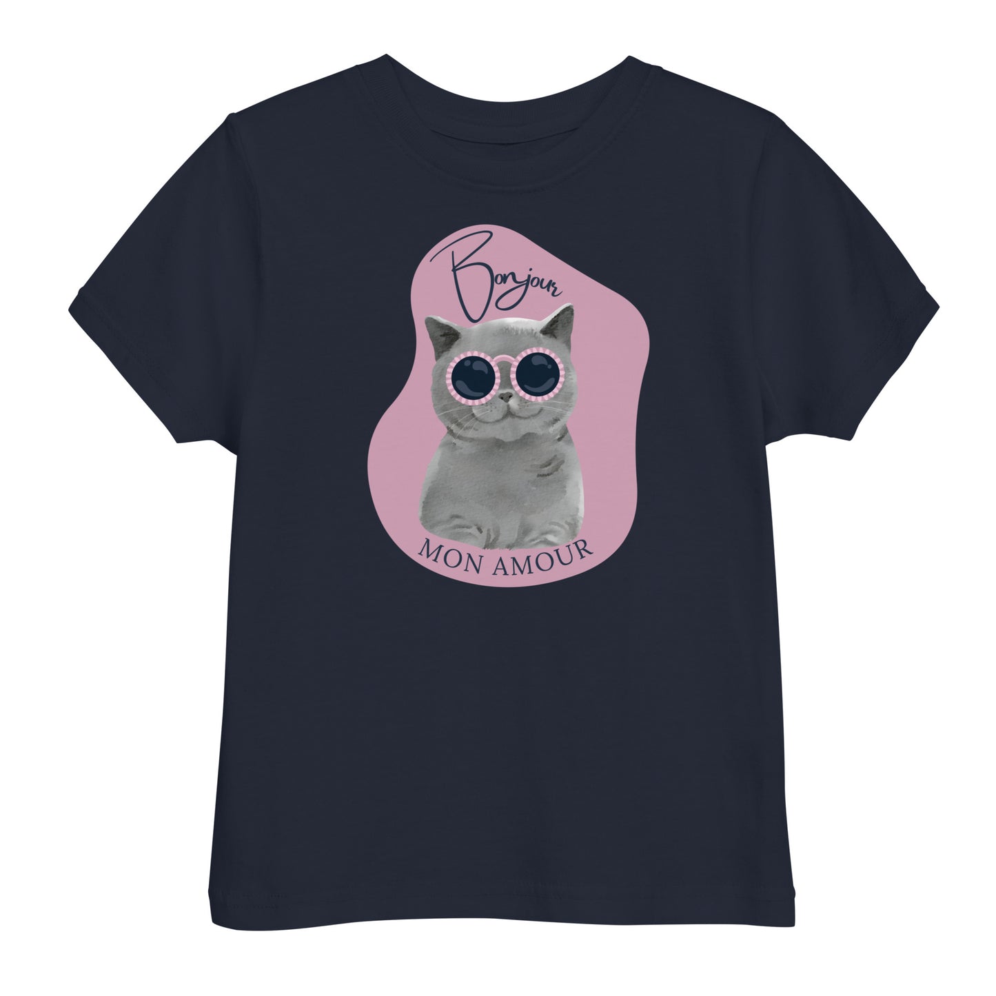 Pet Treasures Studio bonjour mon amour kids t-shirt with gray cat wearing pink sunglasses on navy blue