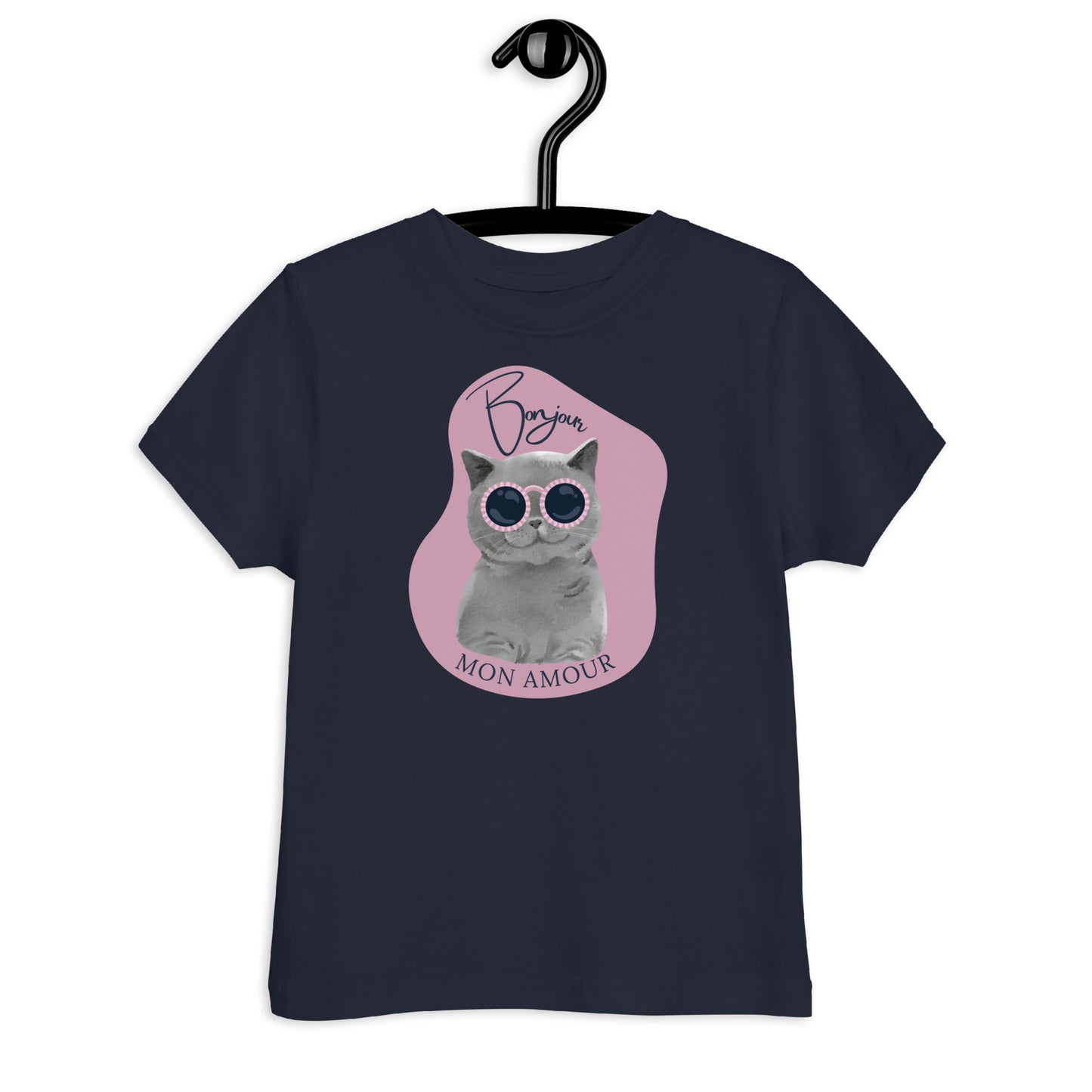 Bonjour mon amour kids t-shirt in navy with cute cat wearing sunglasses graphic