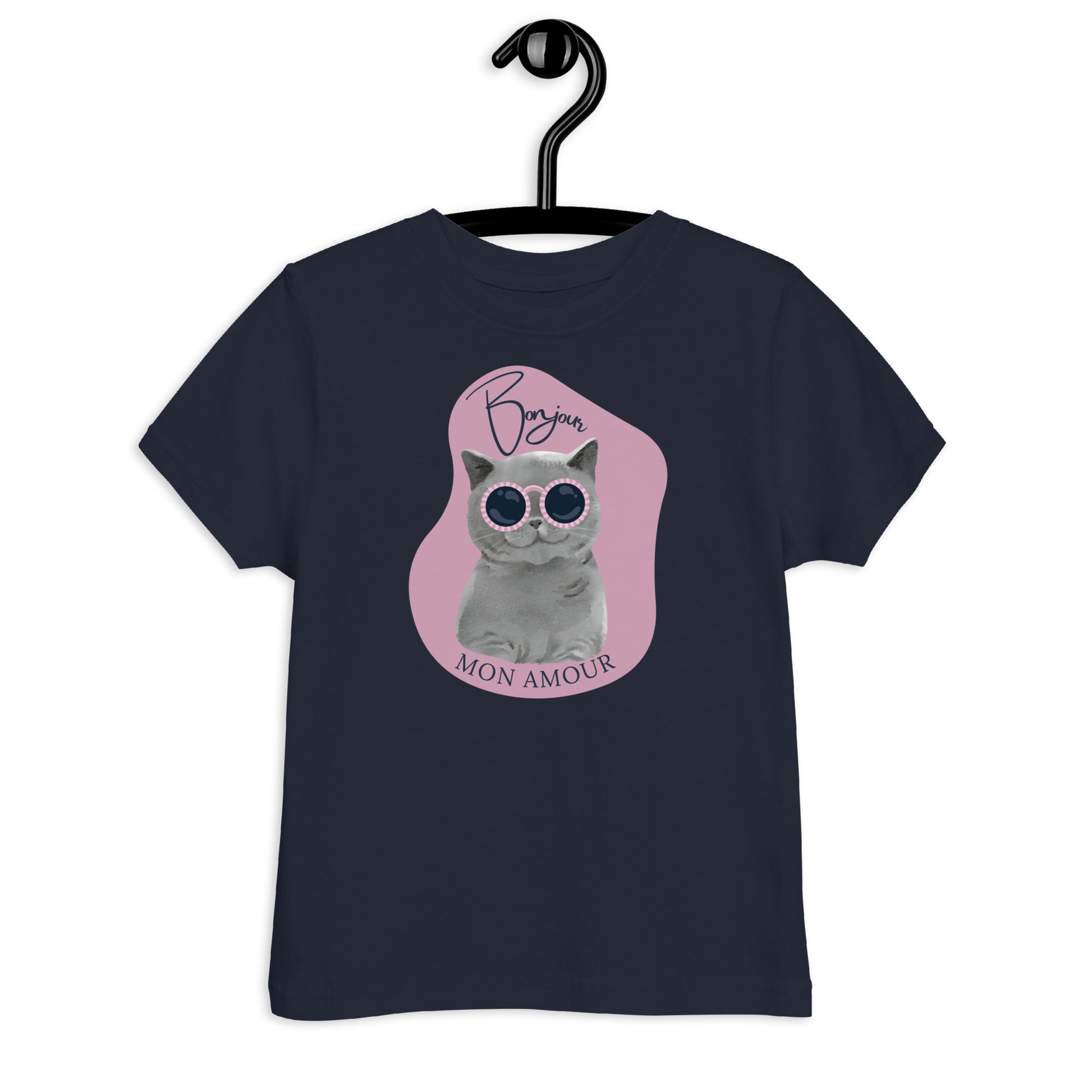 Bonjour mon amour kids t-shirt in navy with cute cat wearing sunglasses graphic