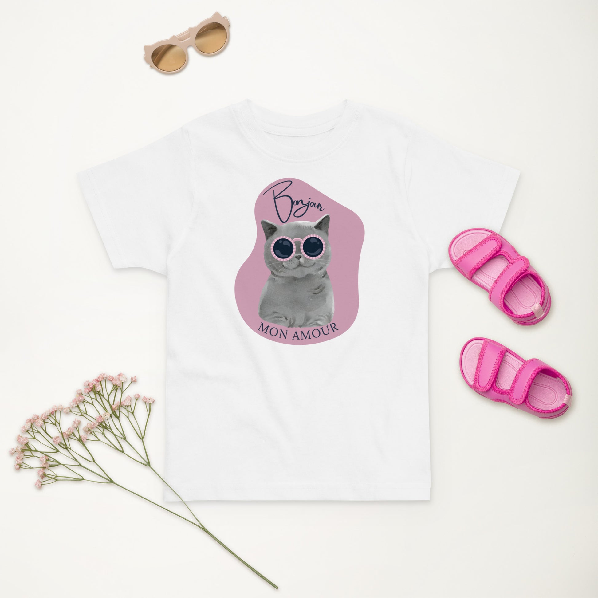 White bonjour mon amour kids t-shirt with cat wearing sunglasses design by Pet Treasures Studio