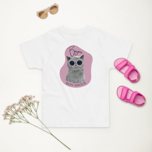 White bonjour mon amour kids t-shirt with cat wearing sunglasses design by Pet Treasures Studio