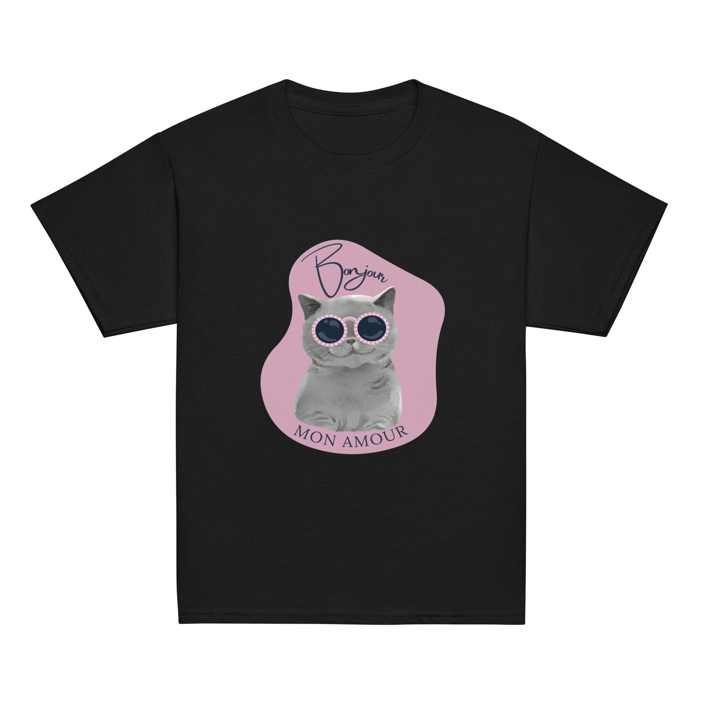 Black Bonjour Mon Amour shirt for children featuring a cat with sunglasses graphic