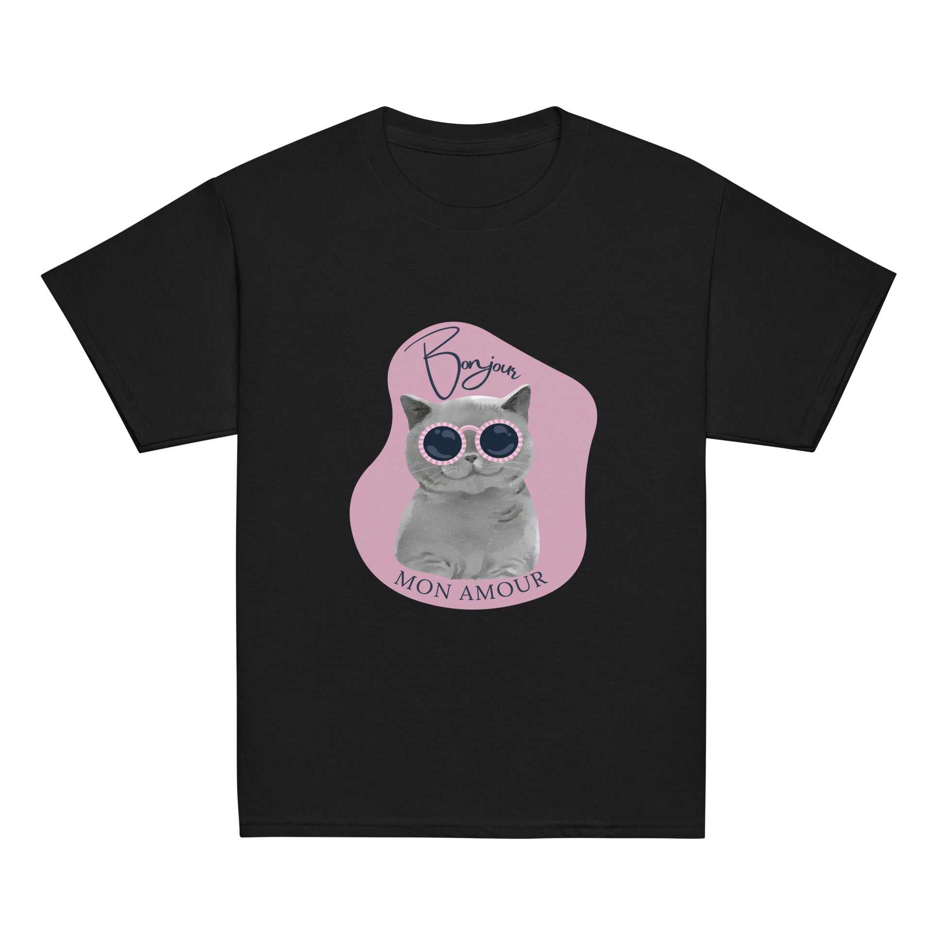 Black Bonjour Mon Amour shirt for children featuring a cat with sunglasses graphic