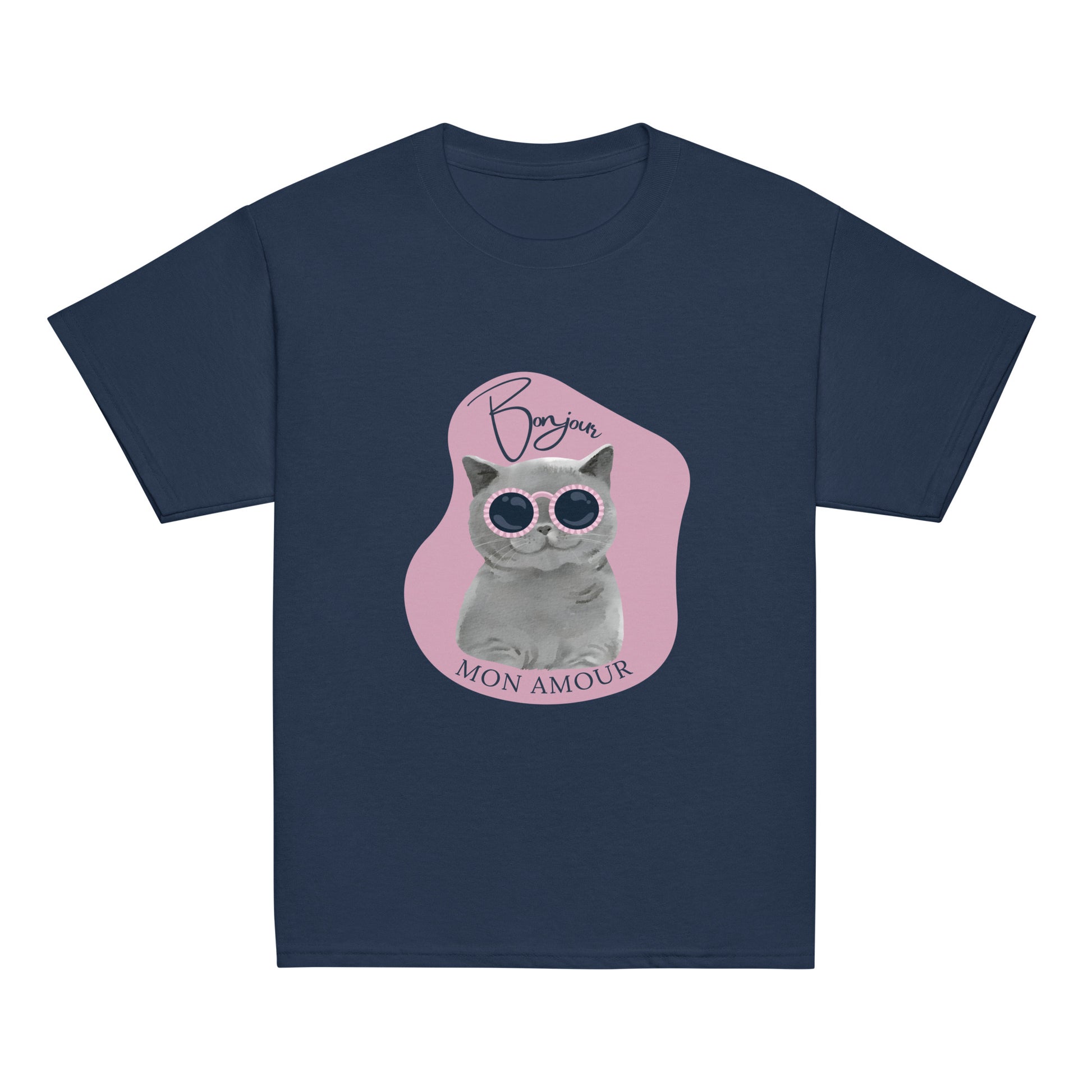 Bonjour Mon Amour shirt for children navy blue with cat wearing pink sunglasses graphic