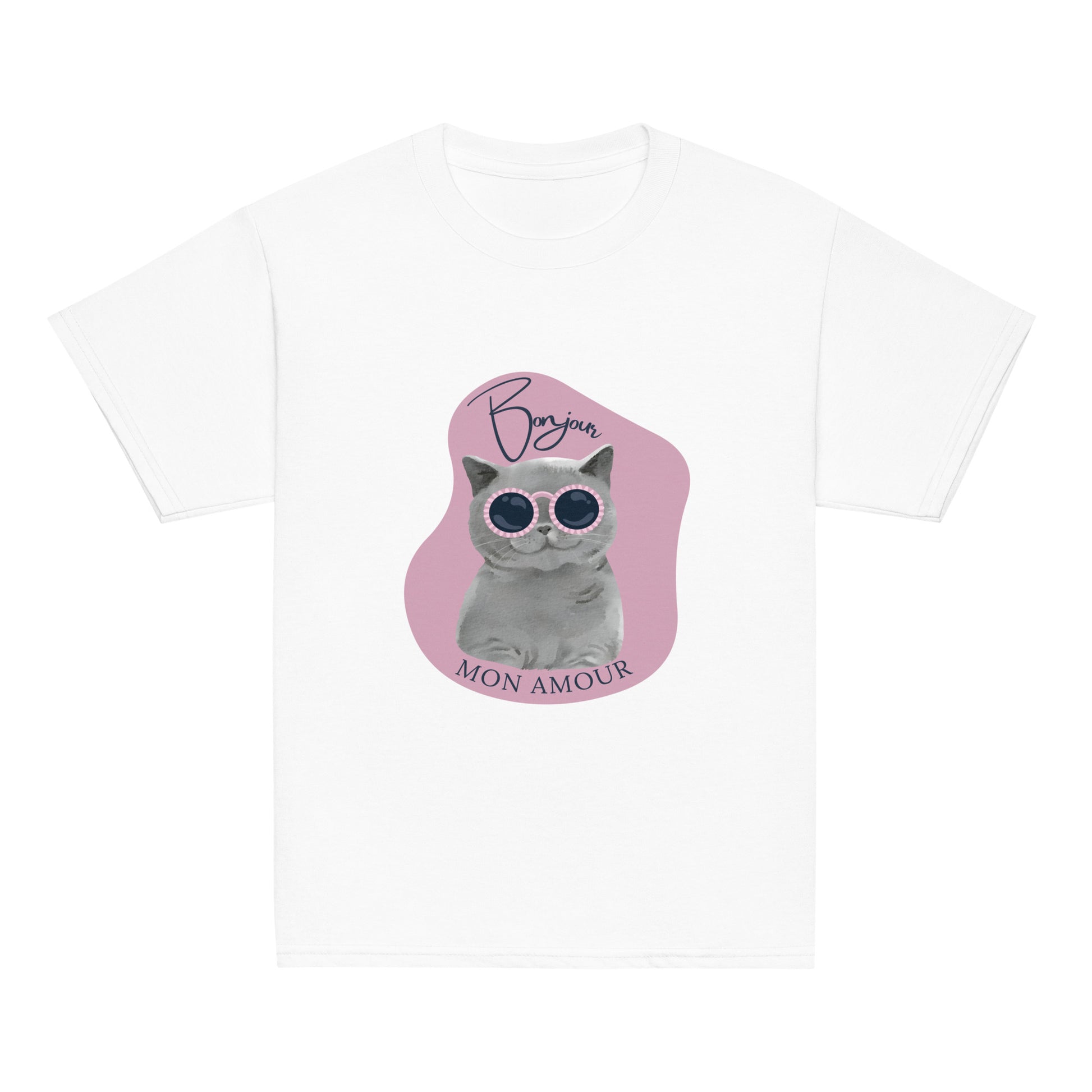 White Bonjour Mon Amour shirt for children with cute kitten wearing pink sunglasses design