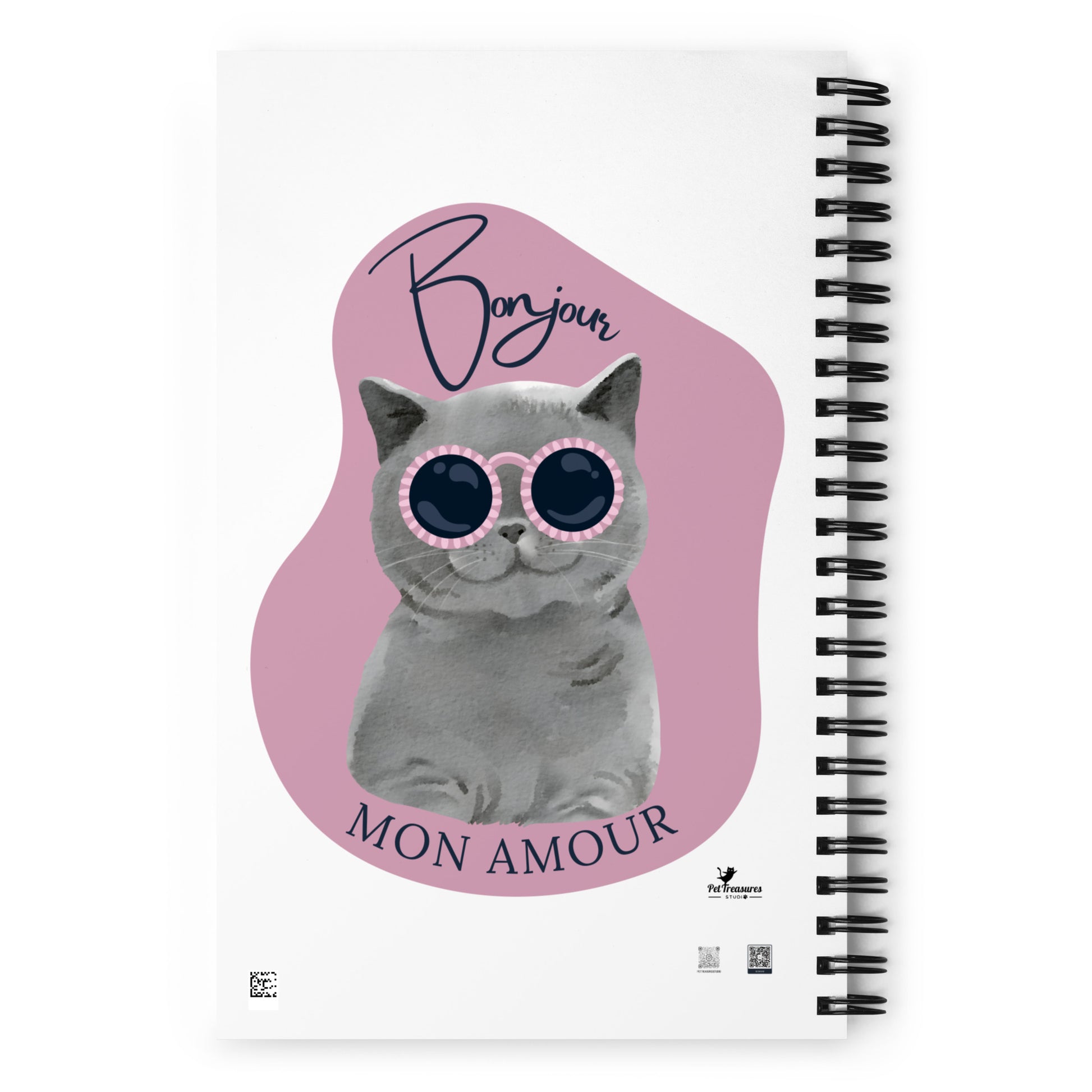 French kitty notebook spiral bound Pet Treasures Studio grey cat in pink sunglasses Bonjour Mon Amour cover