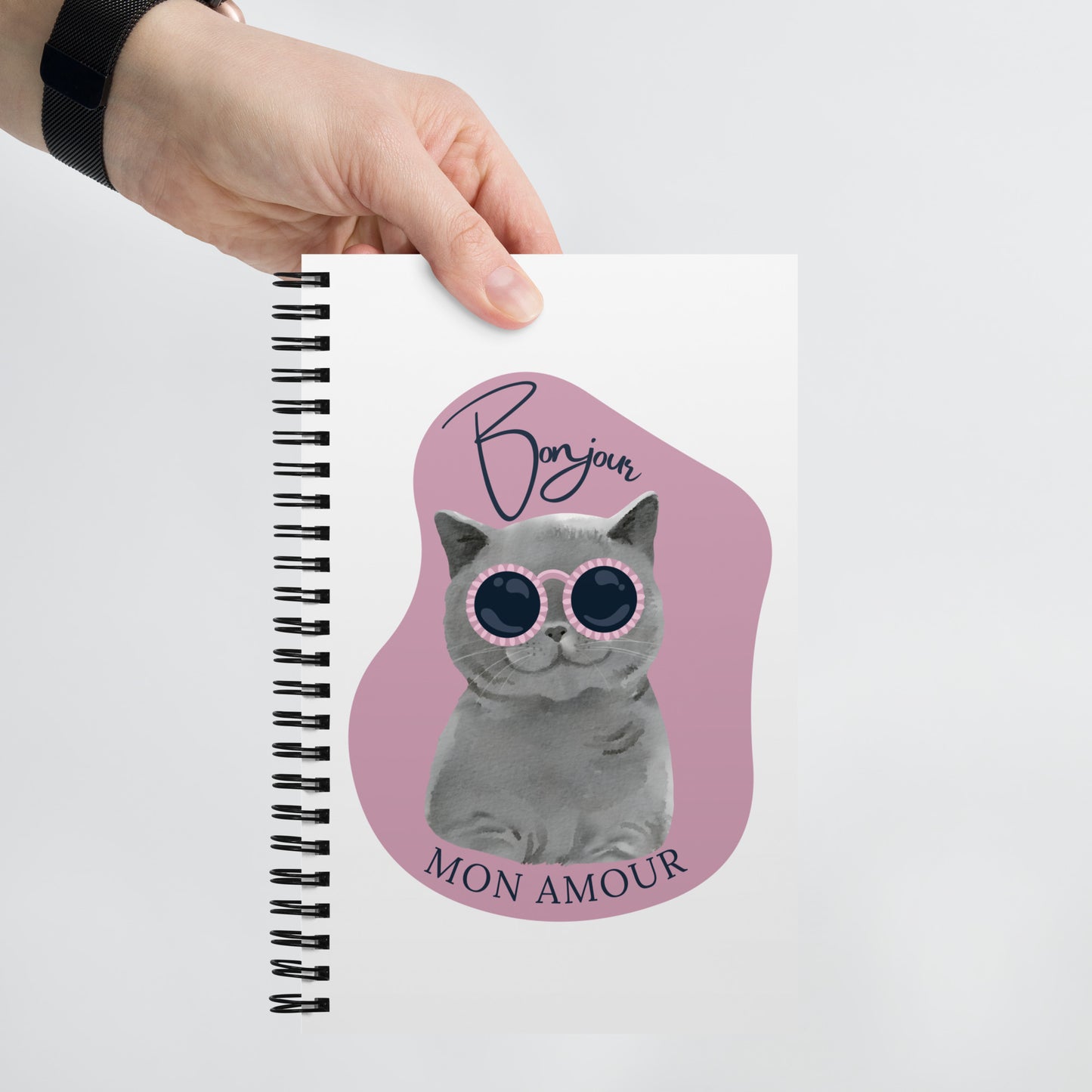 Pet Treasures Studio spiral notebook cover with grey cat in pink sunglasses and Bonjour Mon Amour text French kitty notebook