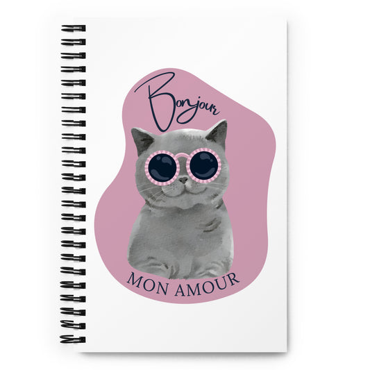 Pet Treasures Studio spiral bound caderno featuring a grey cat with pink sunglasses French kitty notebook