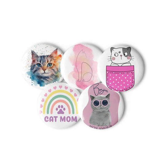 Pet Treasures Studio cat pin buttons set with colorful cat designs and cat mom rainbow badge