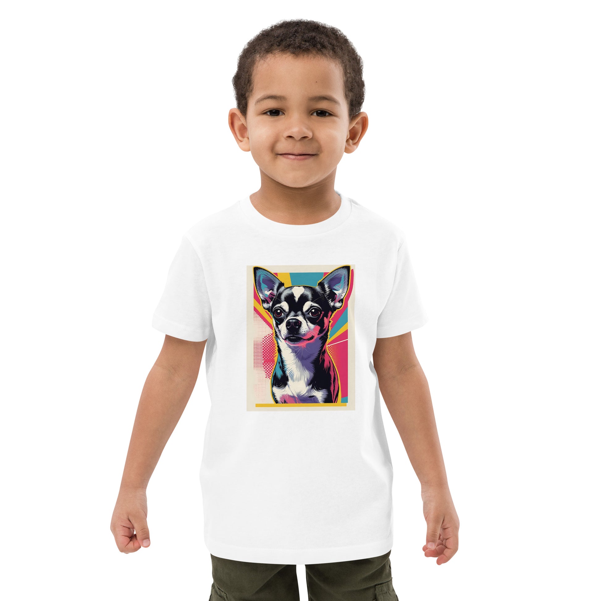 Chihuahua kids t-shirt featuring colorful pop art dog print on white short sleeve tee