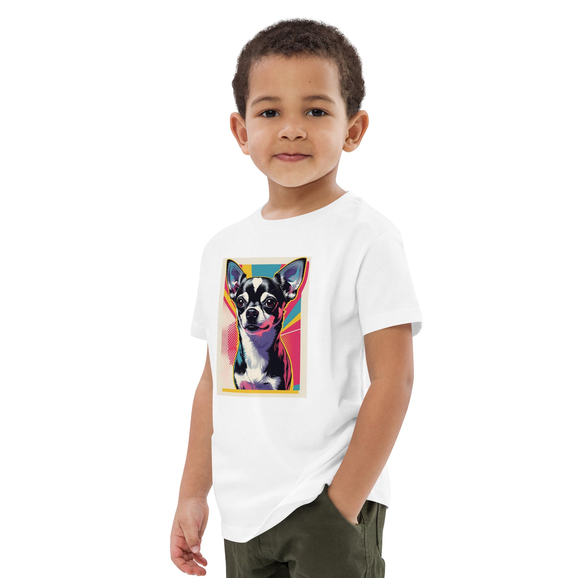Chihuahua kids t-shirt featuring colorful dog print worn by young boy in white tee