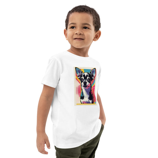 Chihuahua kids t-shirt with colorful dog graphic worn by young boy in white tee