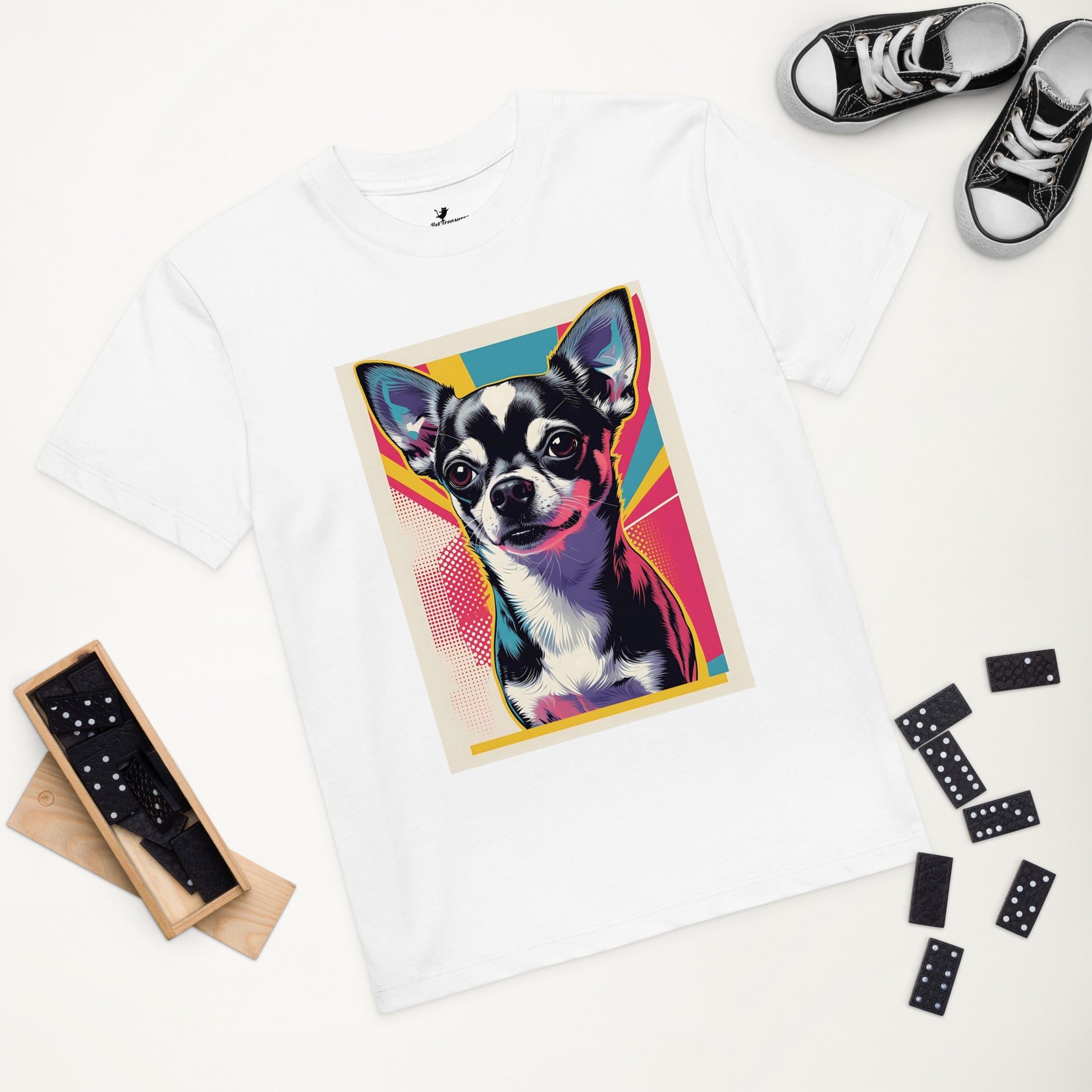 White chihuahua kids t-shirt with colorful pop art dog graphic from Pet Treasures Studio