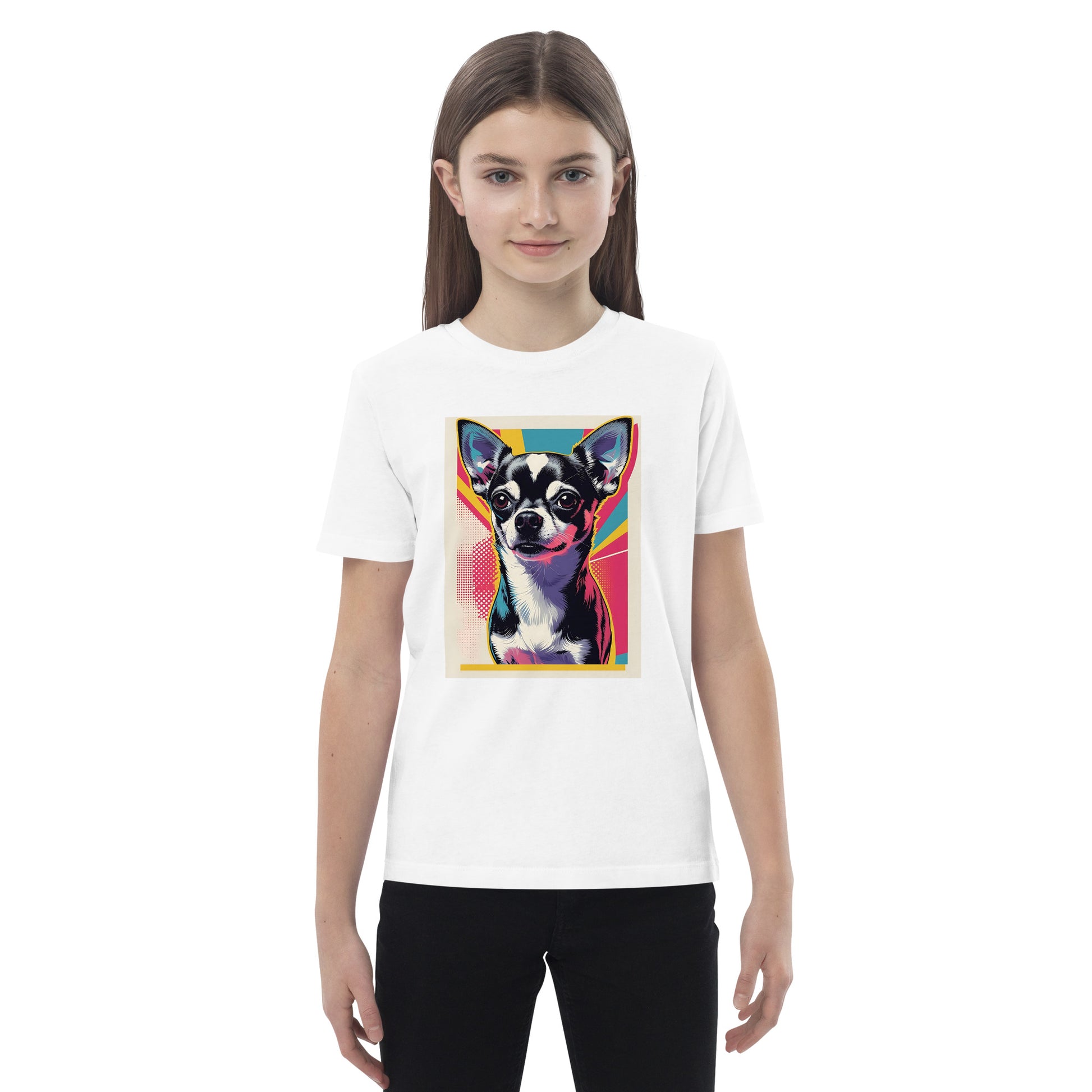 Chihuahua kids t-shirt by Pet Treasures Studio with colorful chihuahua graphic on white cotton tee
