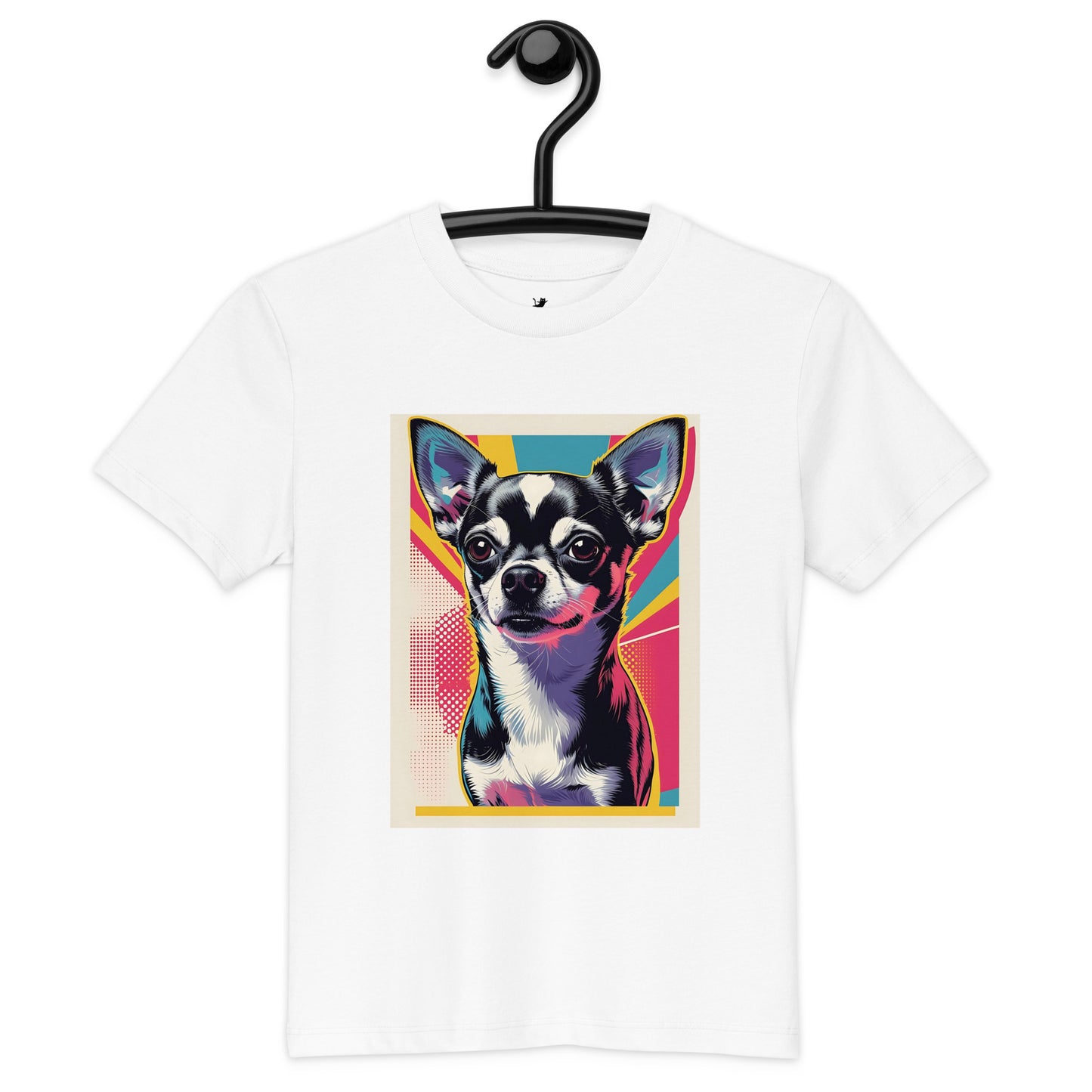 White Chihuahua kids t-shirt from Pet Treasures Studio with colorful pop art dog graphic