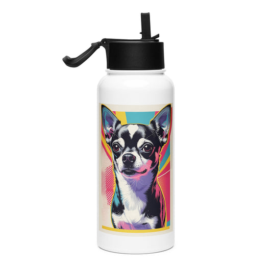 White garrafa water bottle featuring colorful Chihuahua dog art perfect for Chihuahua themed gifts for her