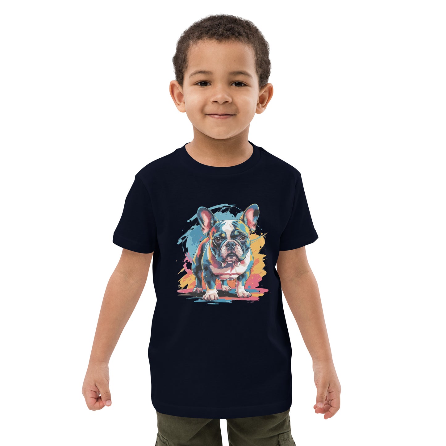 Pet Treasures Studio navy T shirt on smiling child with colourful French bulldog print French Bulldog Kids Shirt