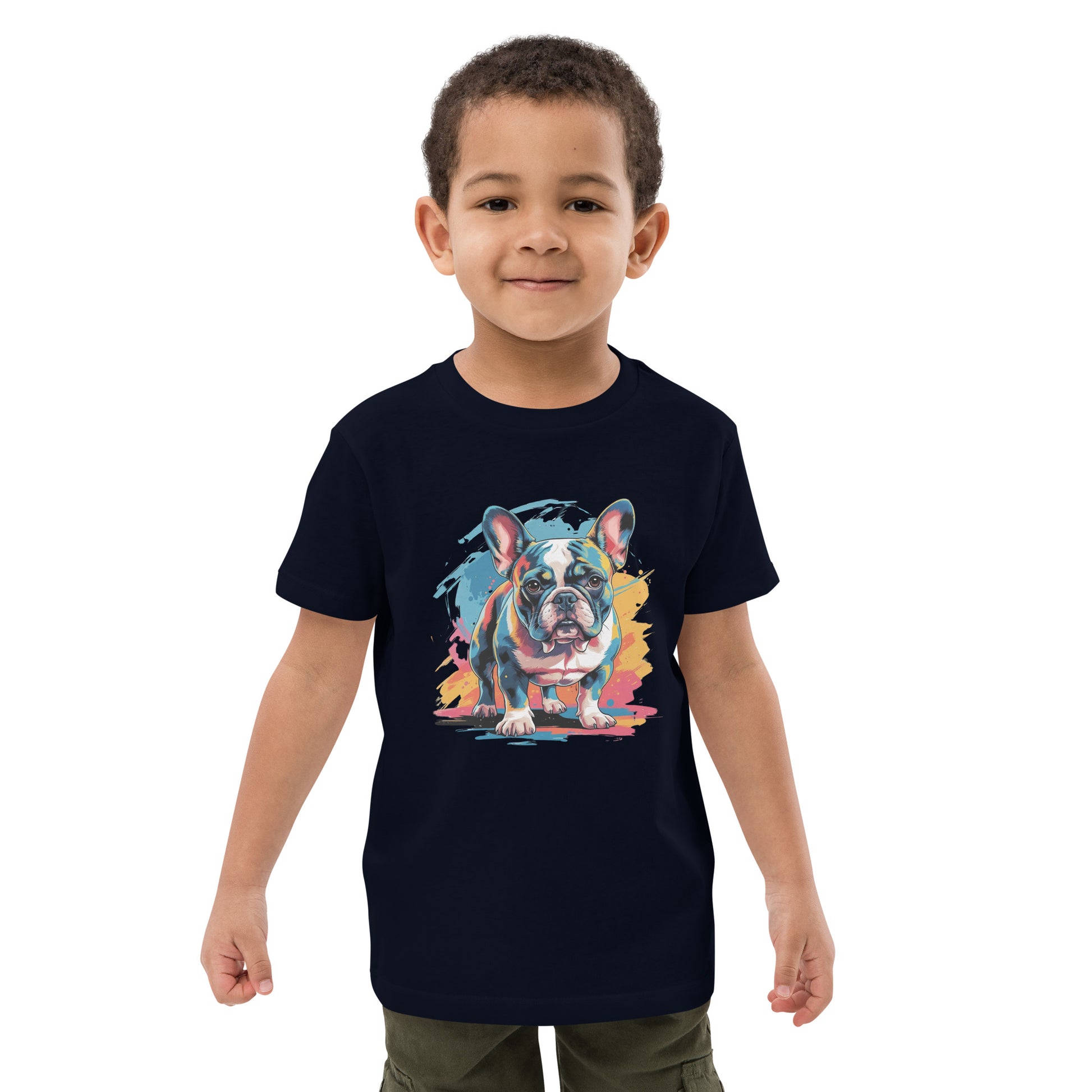 Pet Treasures Studio navy T shirt on smiling child with colourful French bulldog print French Bulldog Kids Shirt