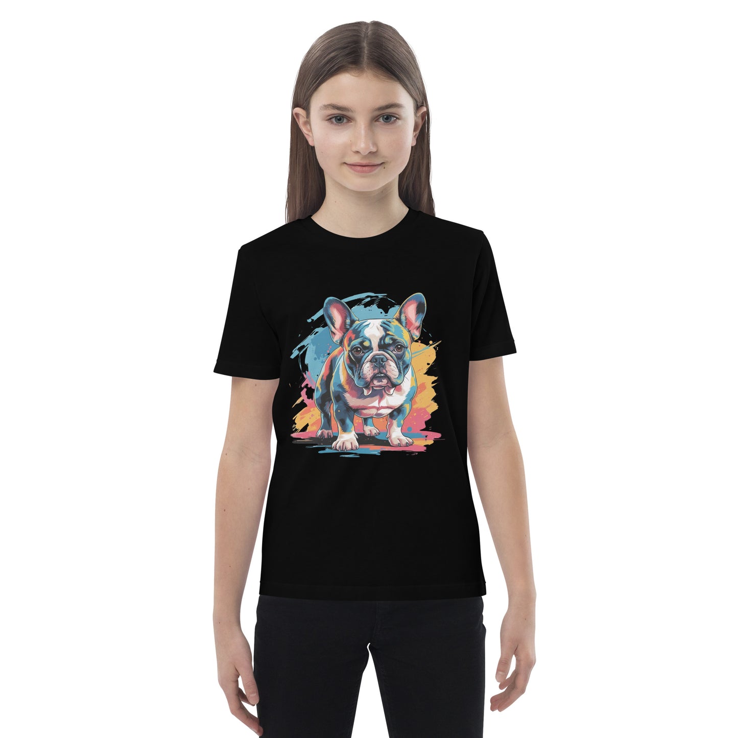 Pet Treasures Studio black T shirt with colourful French bulldog print on a child model French Bulldog Kids Shirt
